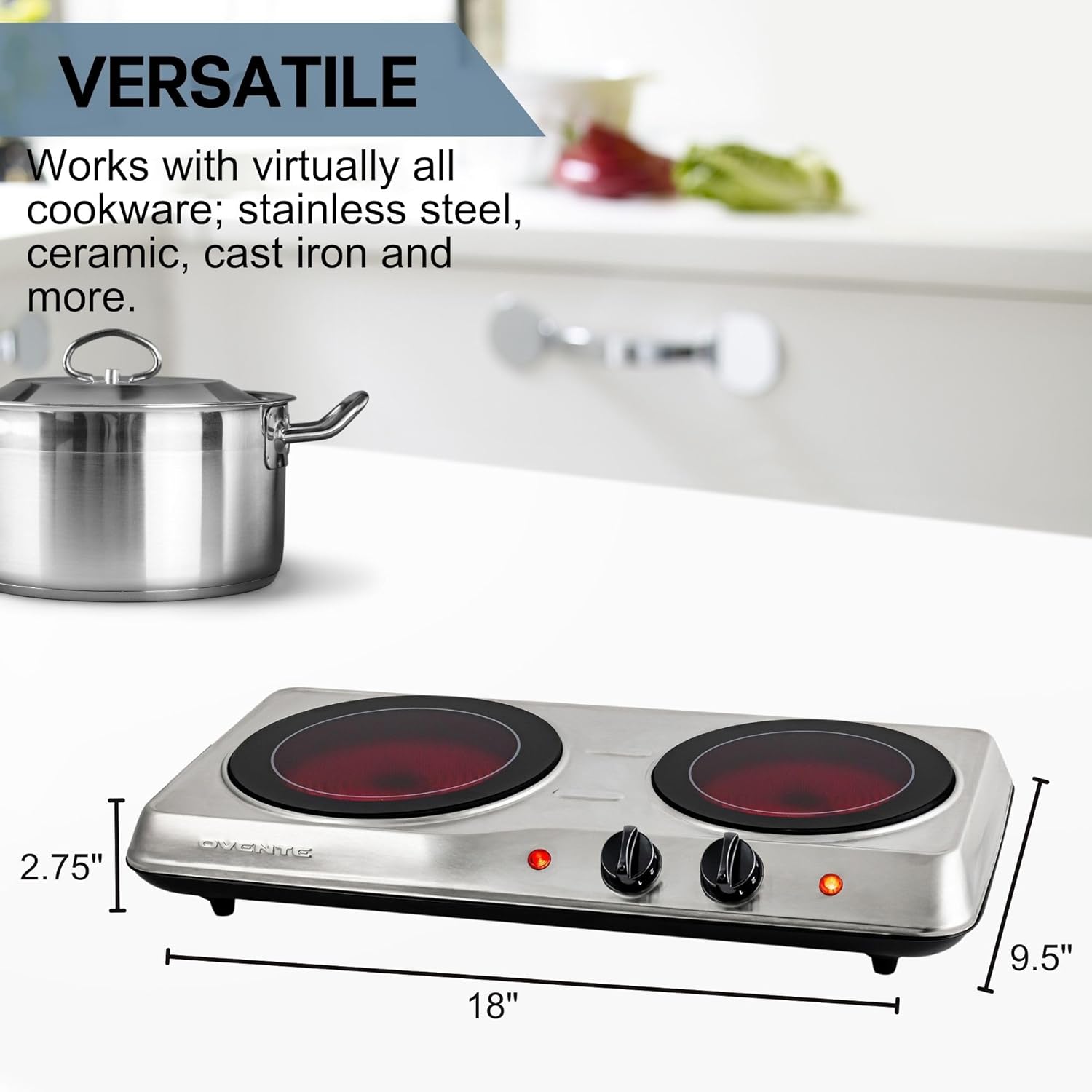 OVENTE Countertop Infrared Single Burner, 1000W Electric Hot Plate with 7” Ceramic Glass Cooktop, 5 Level Temperature Setting & Easy to Clean Base, Compact Stove for Home Dorm Office, Silver BGI101S