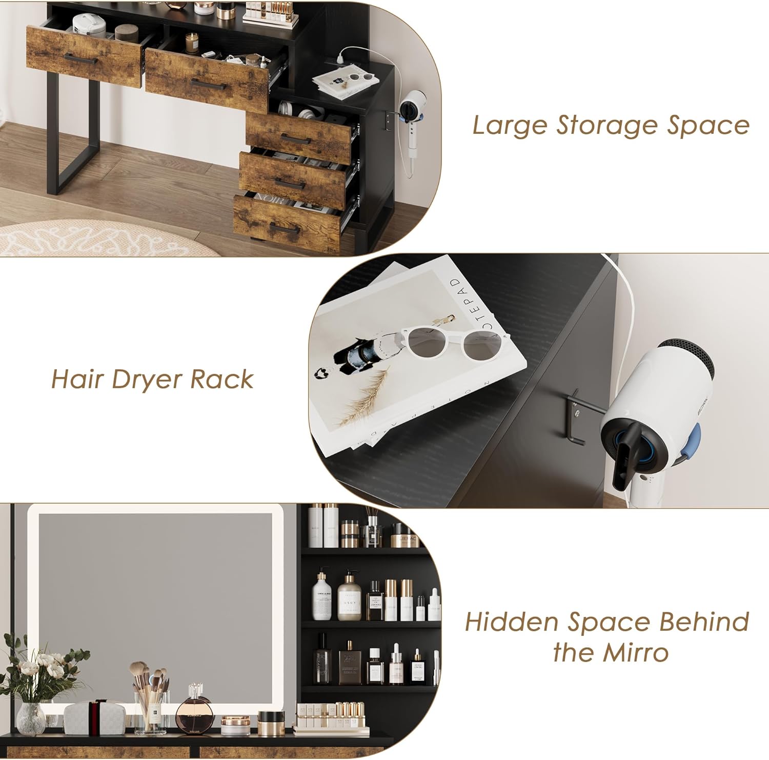 GAOMON Vanity Desk, Makeup Vanity with Adjustable LED Lighted Sliding Mirror, Charging Station, Vanity Table with 5 Drawers, Cabinet, Shelf and Stool, Bedroom Retro Black