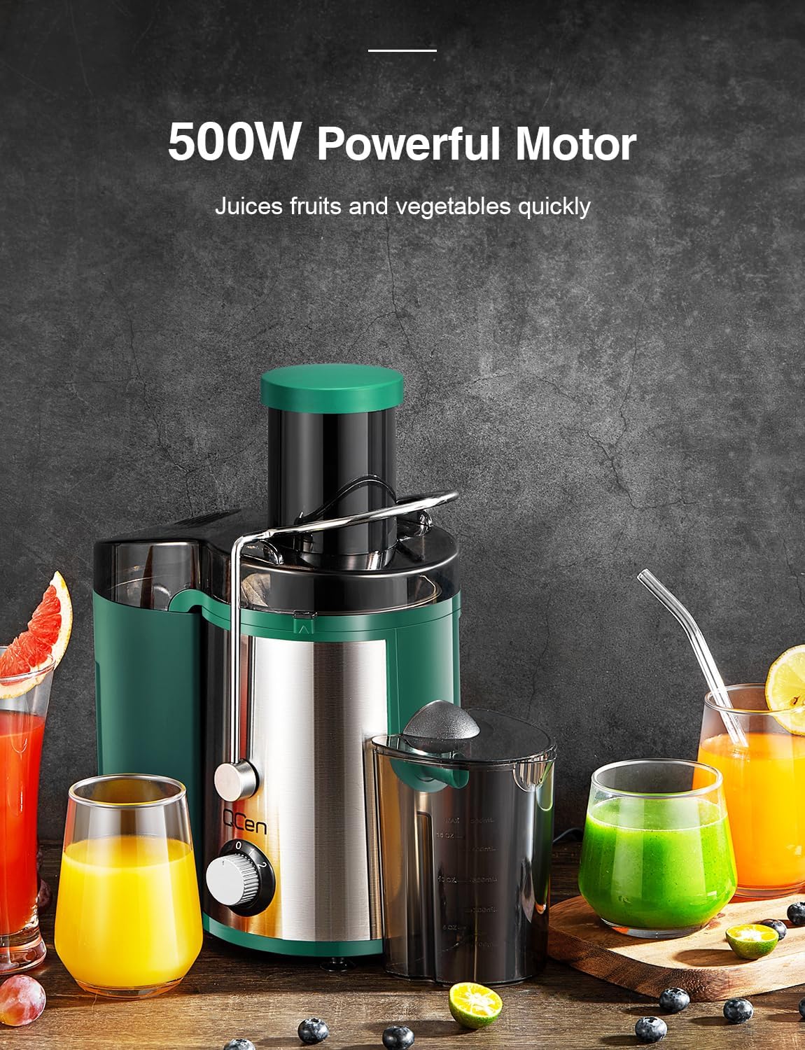 Qcen Juicer Machine, 800W Centrifugal Juicer Extractor with Wide Mouth 3” Feed Chute for Fruit Vegetable, Easy to Clean, Stainless Steel, BPA-free (Black)