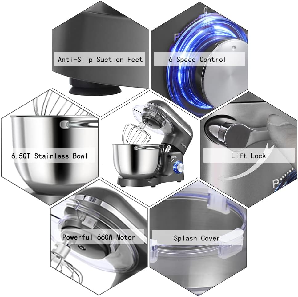 Aucma Stand Mixer,6.5-QT 660W 6-Speed Tilt-Head Food Mixer, Kitchen Electric Mixer with Dough Hook, Wire Whip & Beater (6.5QT, Black)