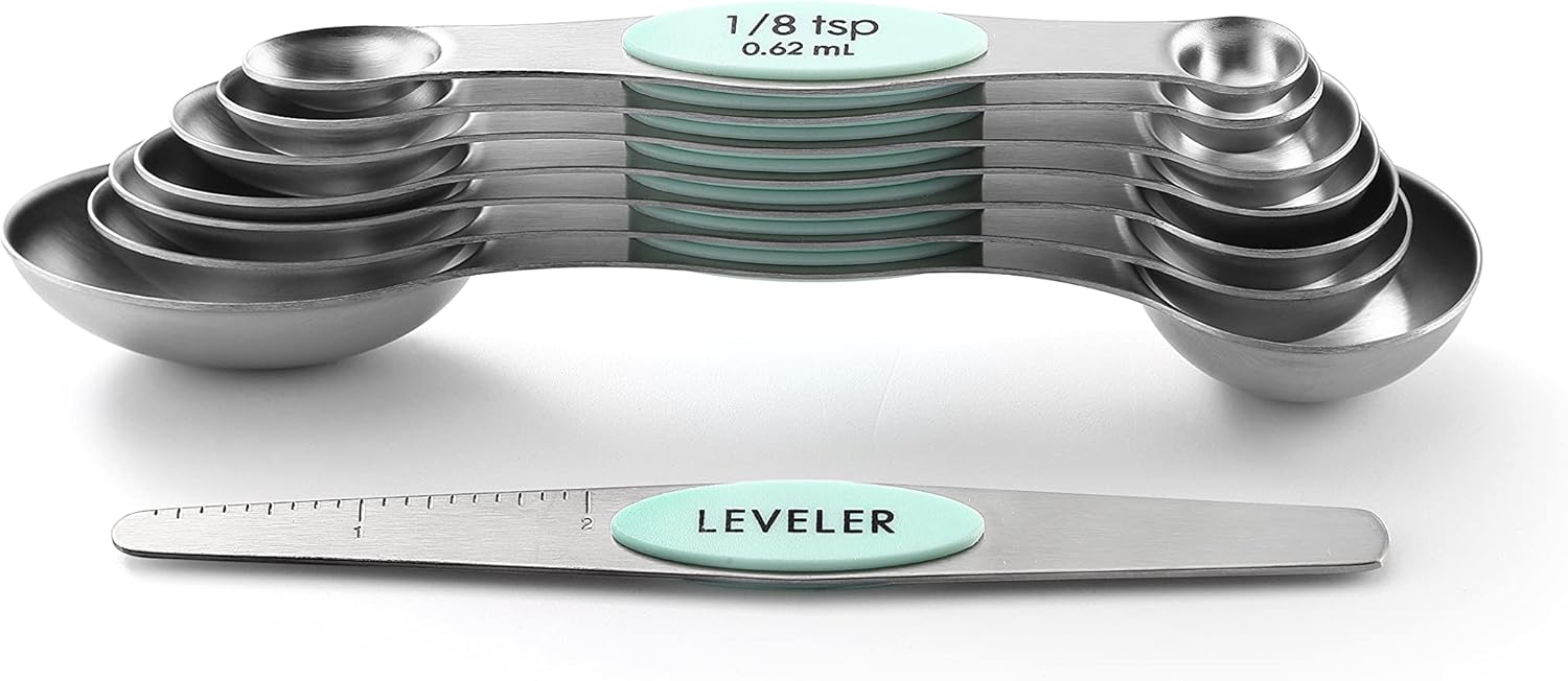 Spring Chef Magnetic Measuring Spoons Set with Strong N45 Magnets, Heavy Duty Stainless Steel Metal, Fits in Most Kitchen Spice Jars for Baking & Cooking, BPA Free, Black, Set of 8 with Leveler