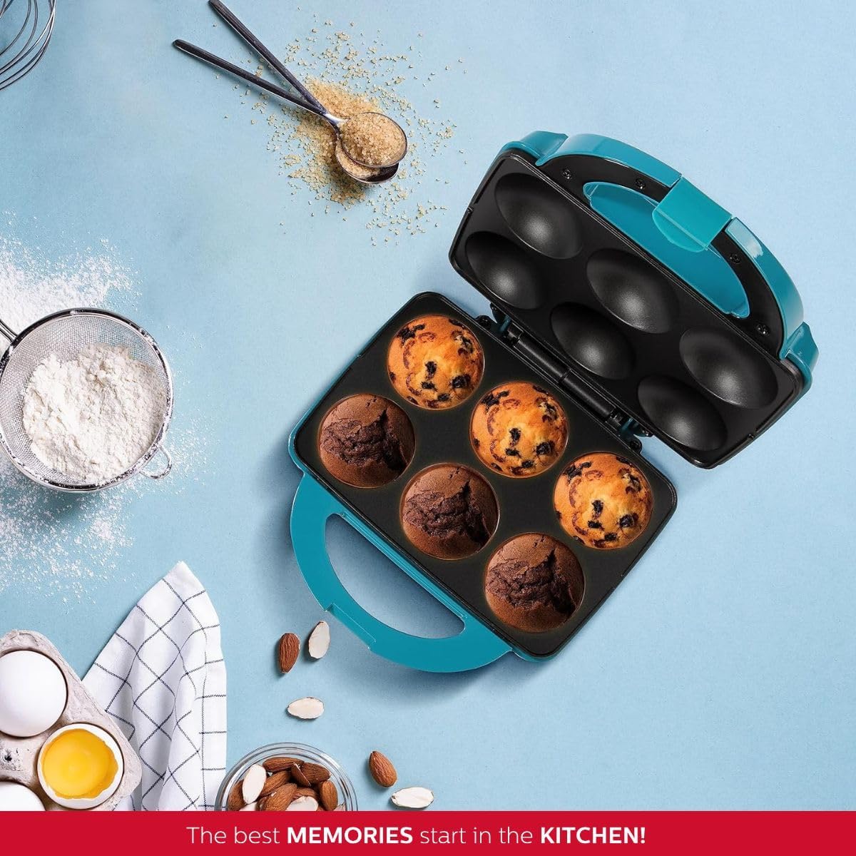 Holstein Housewares Non-Stick Cupcake Maker, Teal - Makes 6 Cupcakes, Muffins, Cinnamon Buns - Birthdays, Holidays, and More