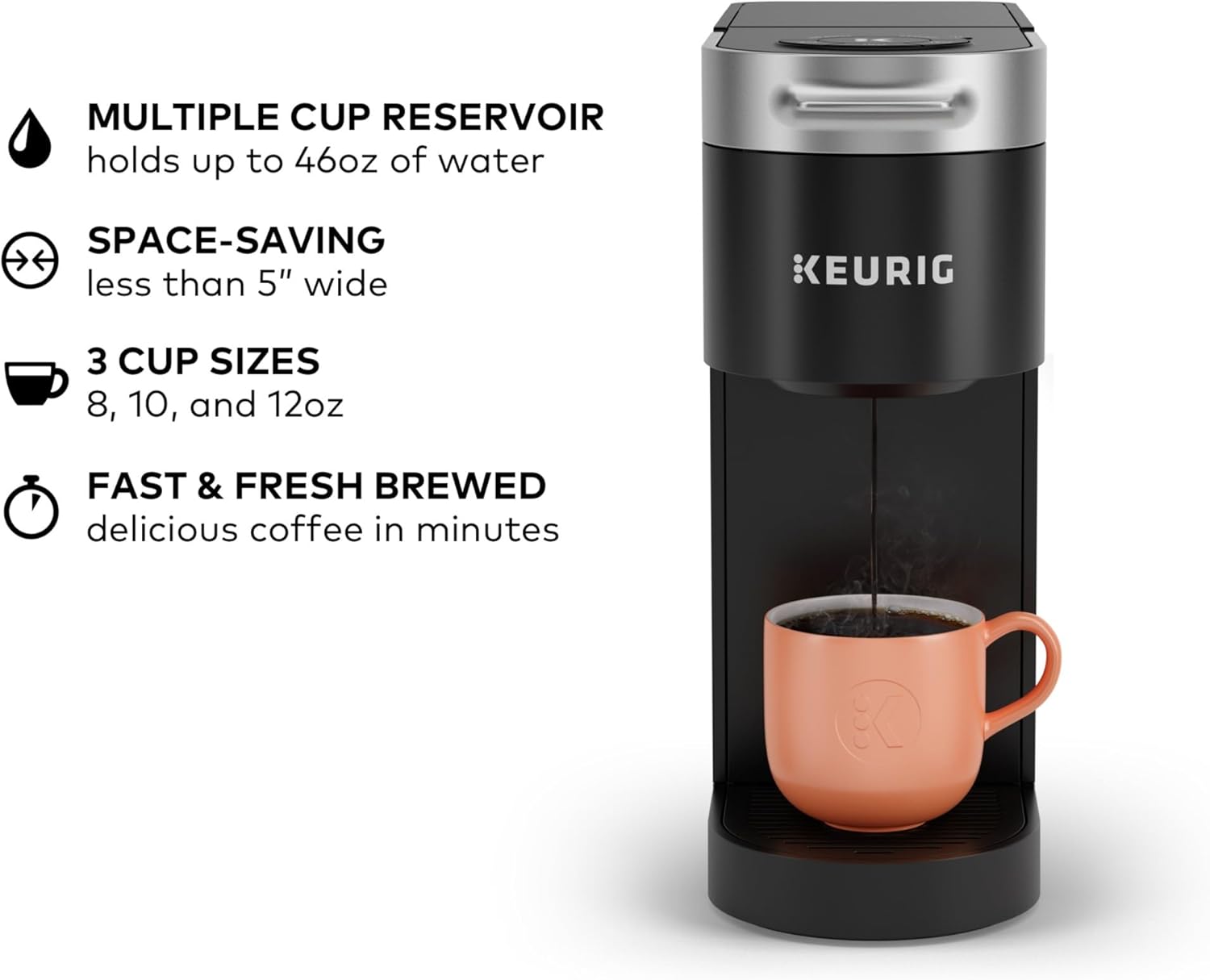 Keurig K-Slim Single Serve K-Cup Pod Coffee Maker, Multistream Technology, 3 Brew Sizes, Slim and Sleek Design, 46oz Removable Reservoir, Black