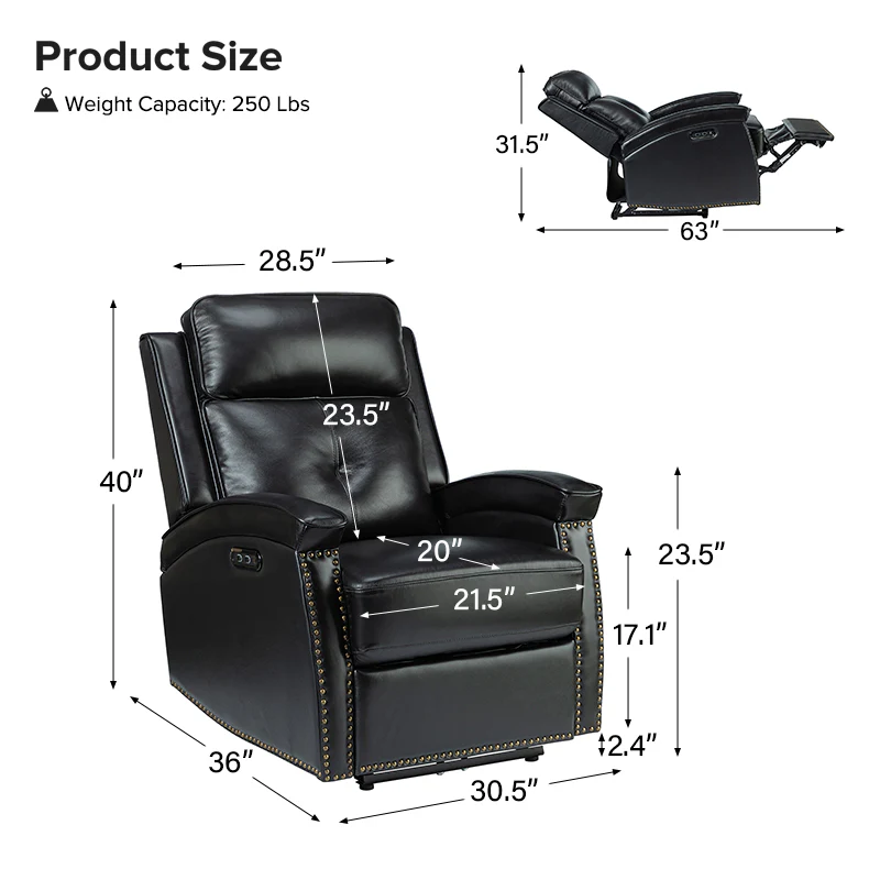 Stefan Genuine Leather Power Recliner with Nailhead Trim