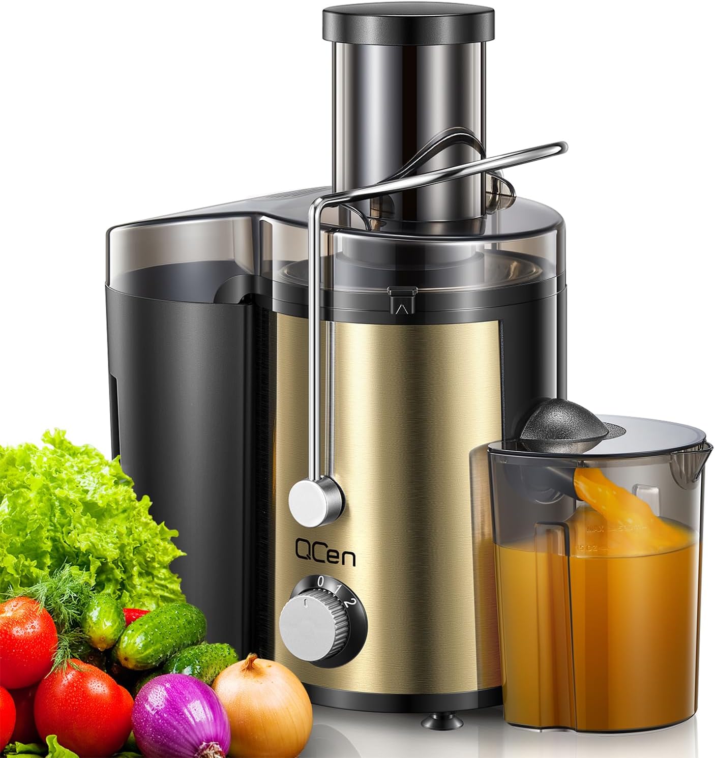 Qcen Juicer Machine, 800W Centrifugal Juicer Extractor with Wide Mouth 3” Feed Chute for Fruit Vegetable, Easy to Clean, Stainless Steel, BPA-free (Black)