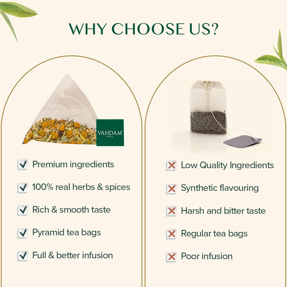 VAHDAM, Organic Turmeric Ginger Herbal Tea Bags (100 Pyramid Tea Bags) Caffeine Free, Non GMO, Gluten Free | 100% Pure Herbal Blend - Savory & Spicy | Plant-Based Tea Bags | Resealable Ziplock Pouch