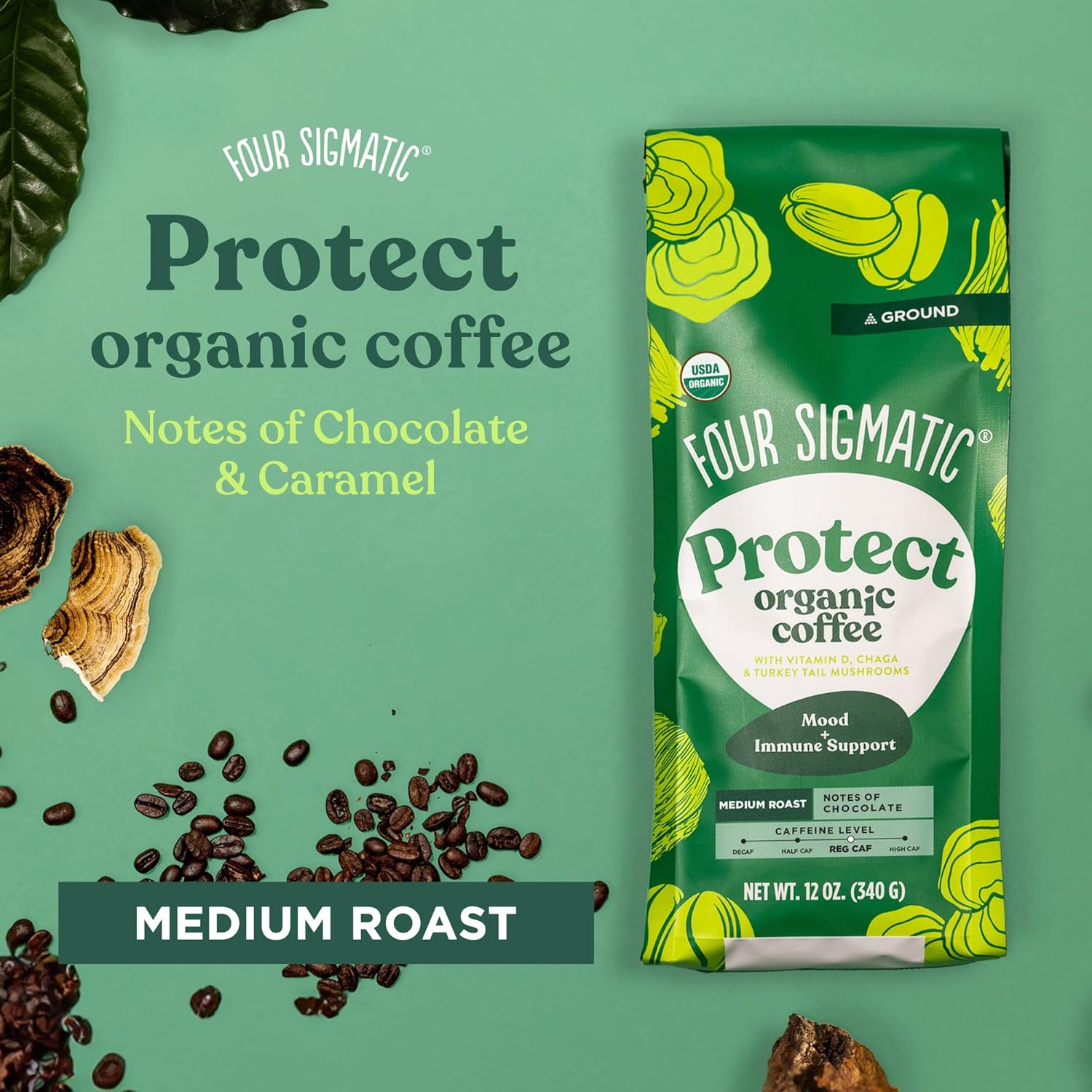 Four Sigmatic Think Mushroom Coffee | Organic Ground Coffee with Lion's Mane Mushroom and Chaga Mushroom | Nootropic Mushroom Coffee for Better Focus and Immune Support | 12oz Bag