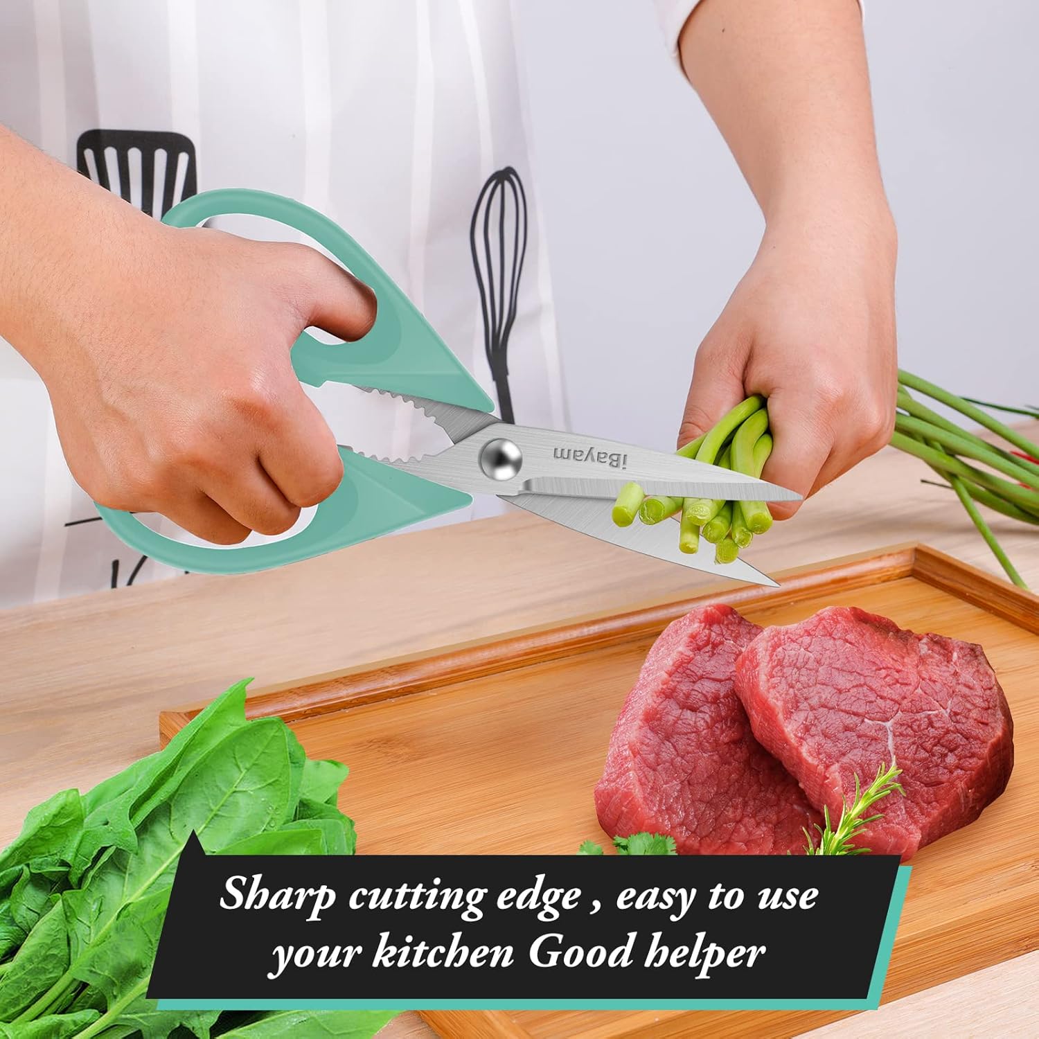 iBayam Kitchen Scissors All Purpose Heavy Duty Meat Poultry Shears, Dishwasher Safe Food Cooking Scissors Stainless Steel Utility Scissors, 2-Pack (Black Red, Black Gray)