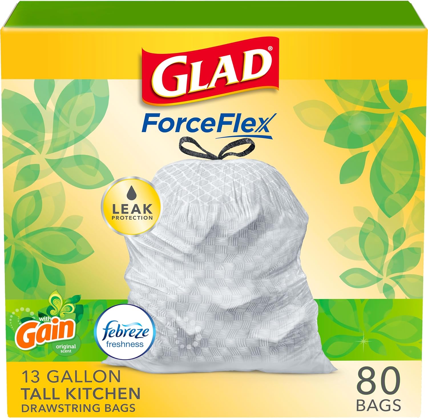 Glad ForceFlex Tall Kitchen Trash Bags, 13 Gal, Gain Original with Febreze, 110 Ct (Pack May Vary)