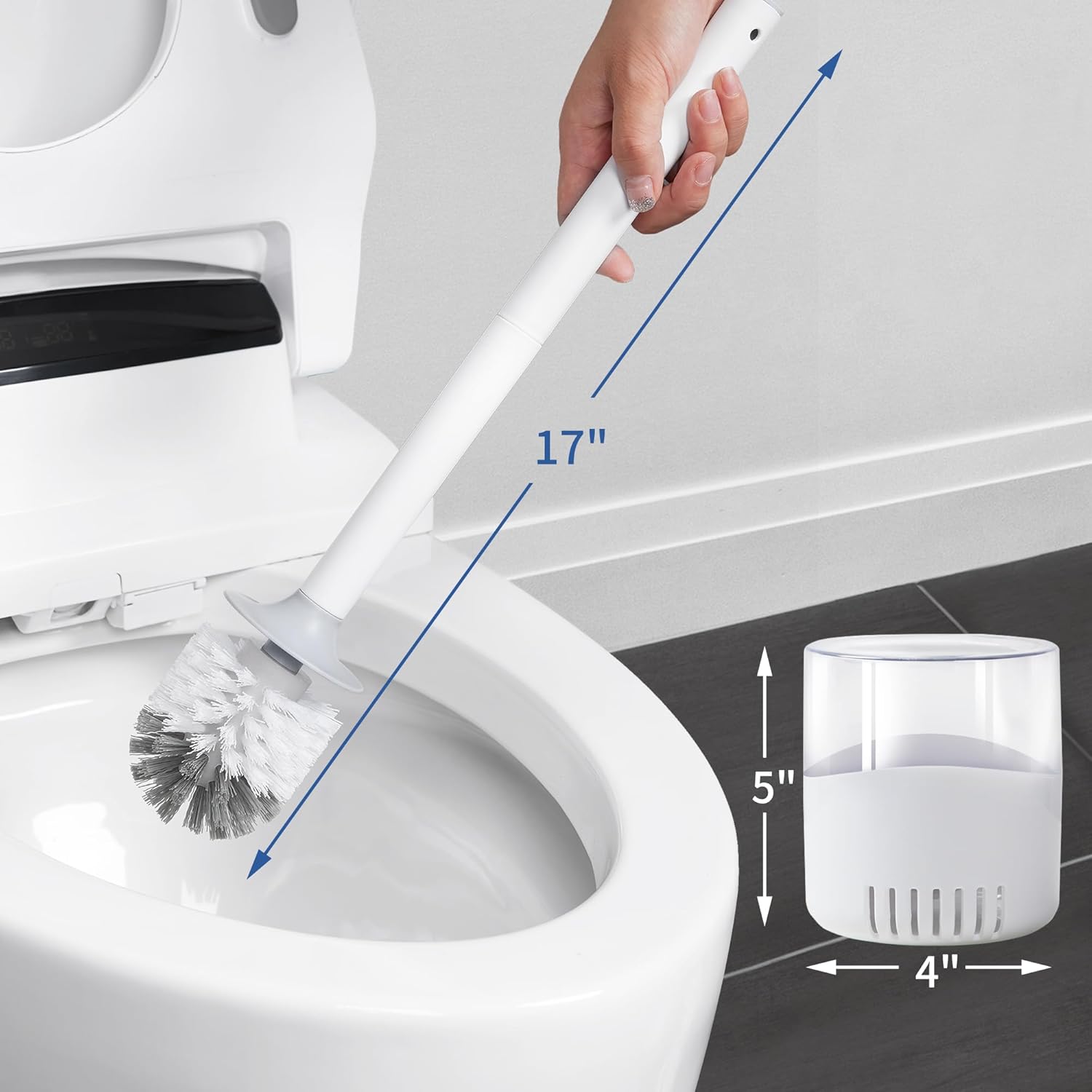 BOOMJOY Toilet Brush and Holder Set, Silicone Toilet Bowl Cleaner Brush, Bathroom Cleaning Bowl Brush Kit with Tweezers, Bathroom Accessories with Aluminum Handle - White