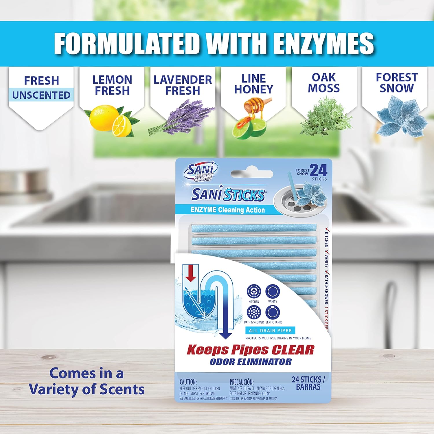 SANI 360° Sani Sticks Drain Cleaner and Deodorizer, Enzyme Pipe Cleaners, Eliminate Odors, Prevent Clogged Drains, Safe for Sinks, Bathtub Drains, Septic Tanks, 24 Count, Lemon Scent