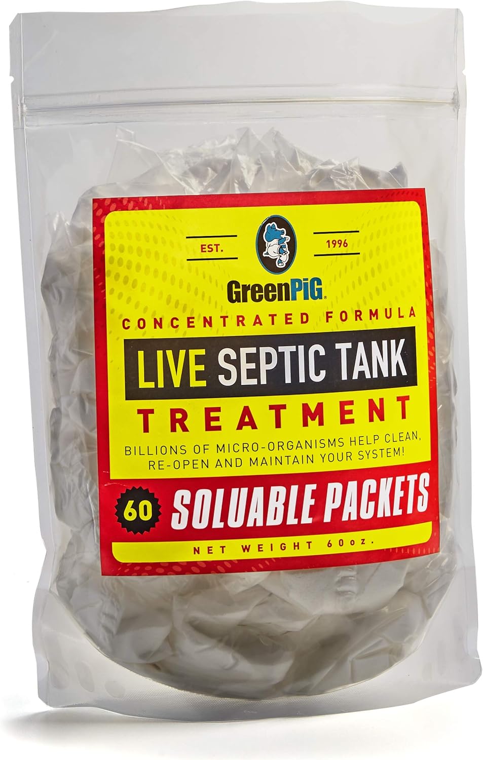 Green Pig 52 Live Septic Tank Treatment Ultimate Solution in Preventing Expensive Backups, Clogs, or Drain Field Failures with 4-Easy Drop-in and Flush, 1-Year Supply- 4 Packets, 4 Count