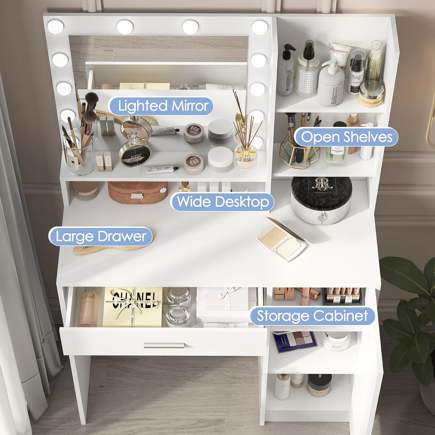 Palimder Vanity Desk with Mirror & Light, Large Drawer & Three Level Storage Dresser, 3 Lighting Modes Adjustable Brightness, Bedroom Dressing Table (White)