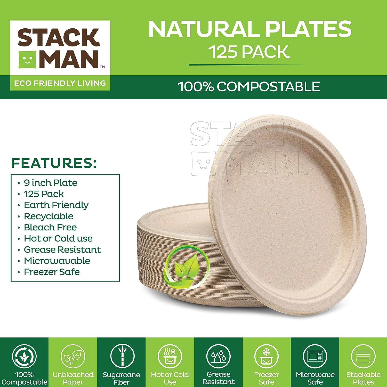 Paper Plates, 100% Compostable Heavy Duty Disposable Plate - [125-Pack] - {PFAS-Free} - {BPI Certified} - [9 Inch] Eco-Friendly, Biodegradable Bagasse Natural Brown 9