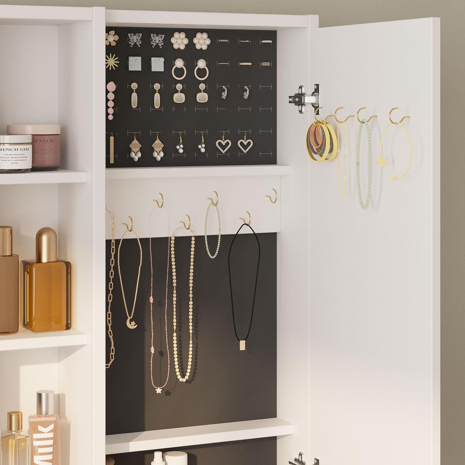 Vanity Desk with Mirror and Lights, Glass Top Vanity Table Makeup Vanity with Lights and Charging Station & Sliding Door, Glass Top Vanity with 3 Drawers and Jewelry Cabinet, 42.8inch