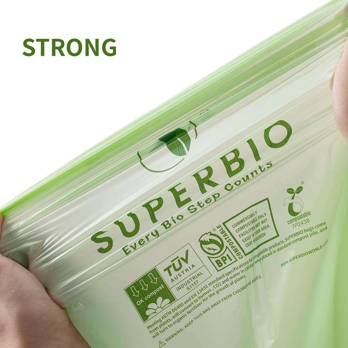 SUPERBIO 1.6 Gallon Handle Tie Compostable Food Scrap Bags For Counter Top Compost Bin, Small Compost Bags, 50 Count, 6 Liter, BPI & OK compost INDUSTRIAL Certified