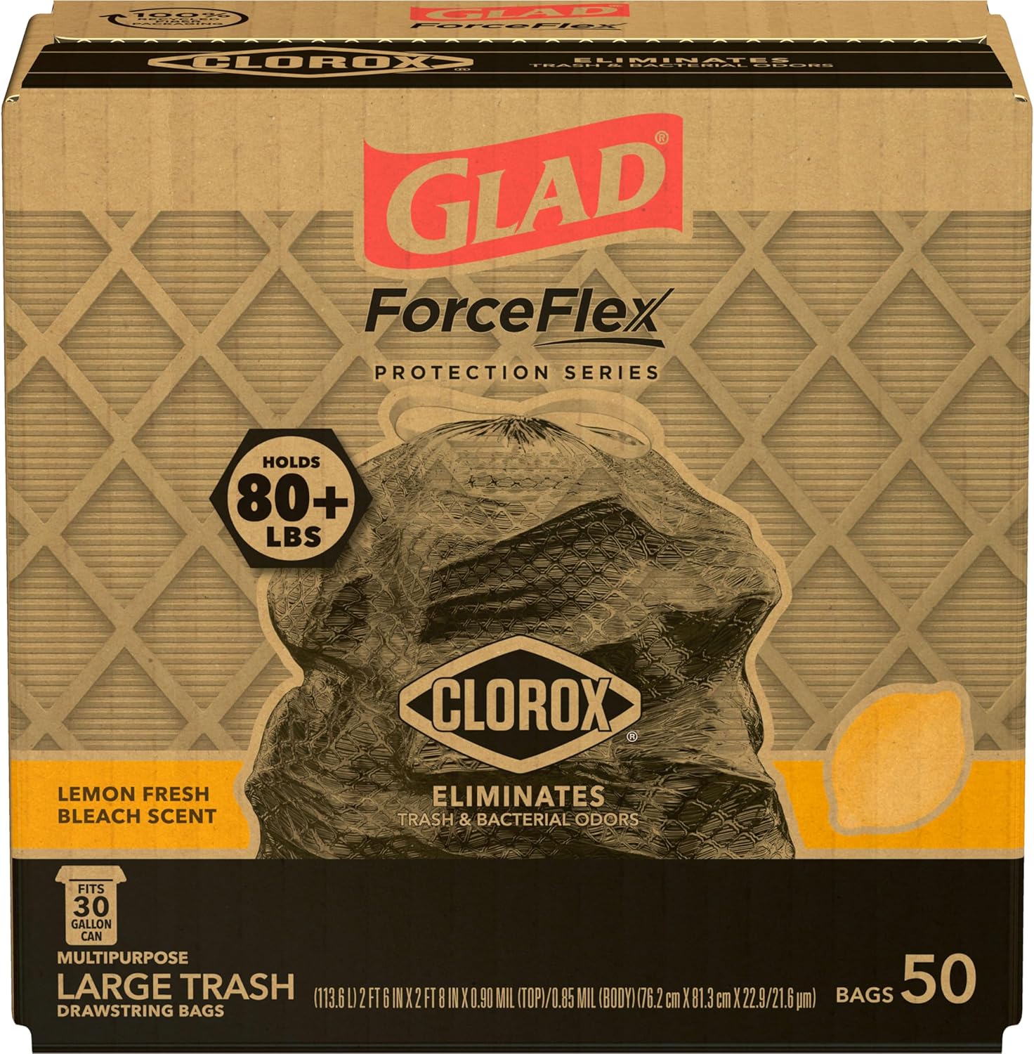 Glad Large Drawstring Trash Bags, ForceFlex 30 Gallon Black Trash Bags, 50 Count (Package May Vary)