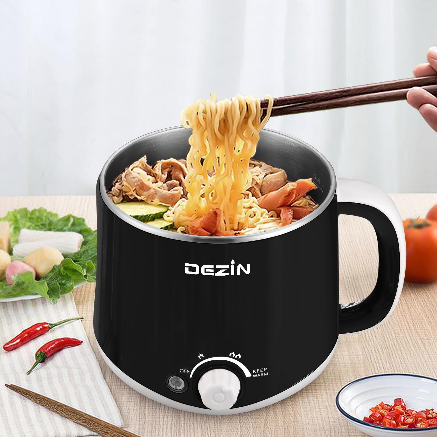 Dezin Electric Pot, 1.6L Ramen Cooker, Hot Pot Electric Stainless Steel, Multifunctional Electric Cooker for Egg, Pasta, Soup, Porridge, Oatmeal with Temperature Control and Keep Warm Function