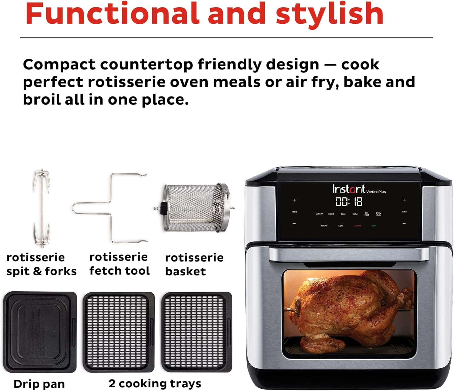 Instant Pot 10QT Air Fryer, 7-in-1 Functions with EvenCrisp Technology that Crisps, Broils, Bakes, Roasts, Dehydrates, Reheats & Rotisseries, Includes over 100 In-App Recipes, Stainless Steel