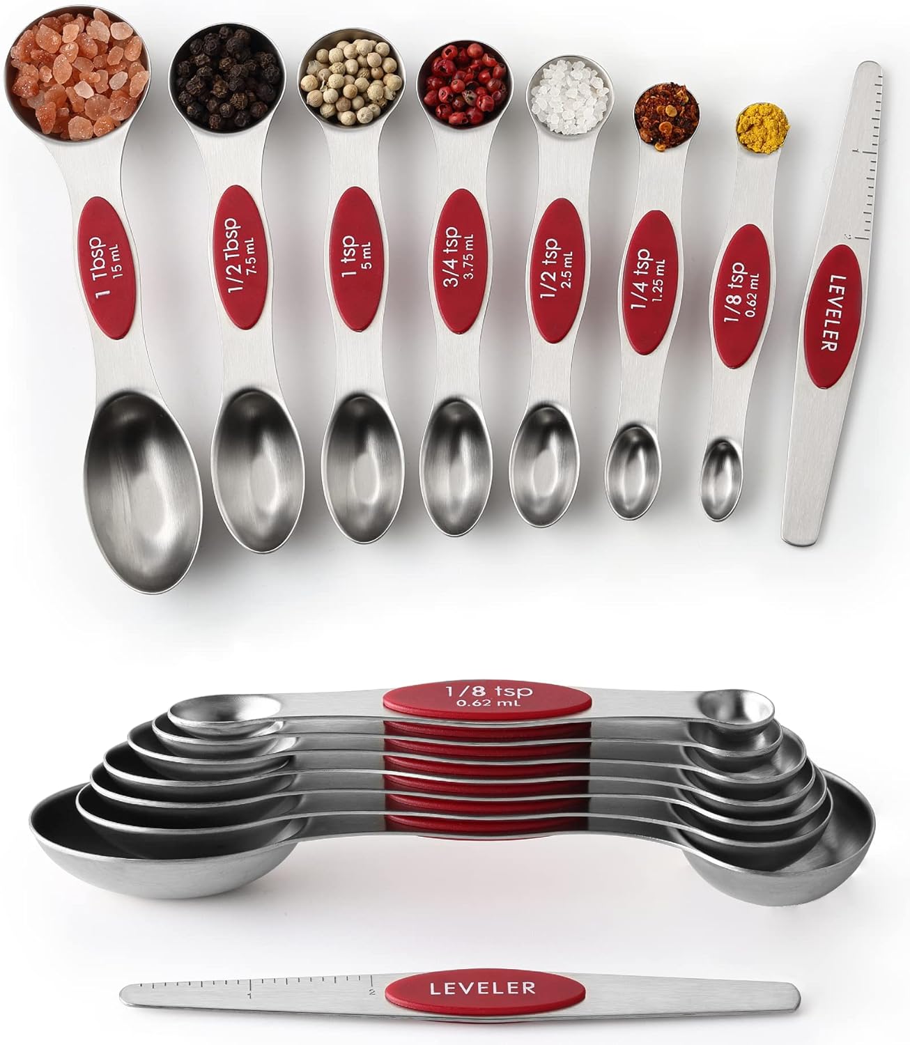 Spring Chef Magnetic Measuring Spoons Set with Strong N45 Magnets, Heavy Duty Stainless Steel Metal, Fits in Most Kitchen Spice Jars for Baking & Cooking, BPA Free, Black, Set of 8 with Leveler