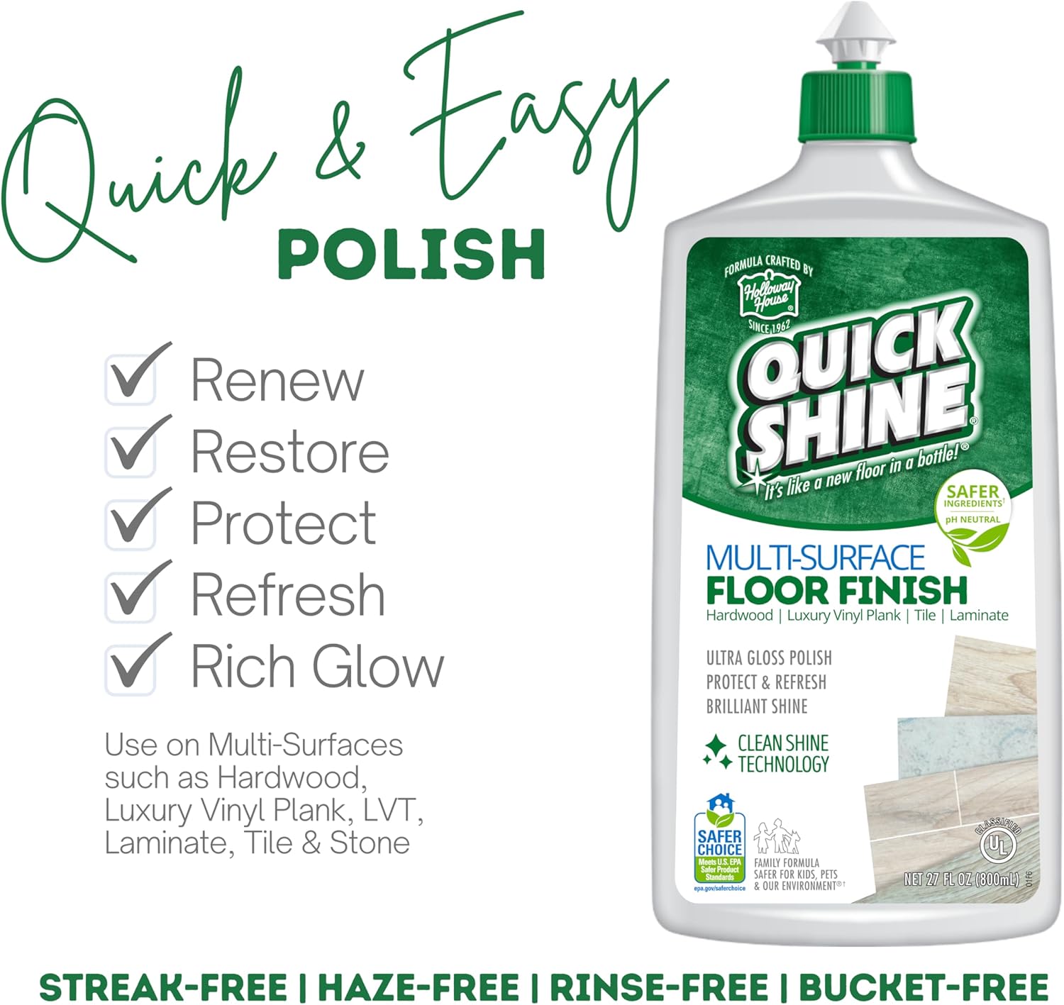 Quick Shine Multi Surface Floor Finish 64oz | Cleaner & Polish to use on Hardwood, Laminate, Luxury Vinyl Plank LVT, Tile & Stone