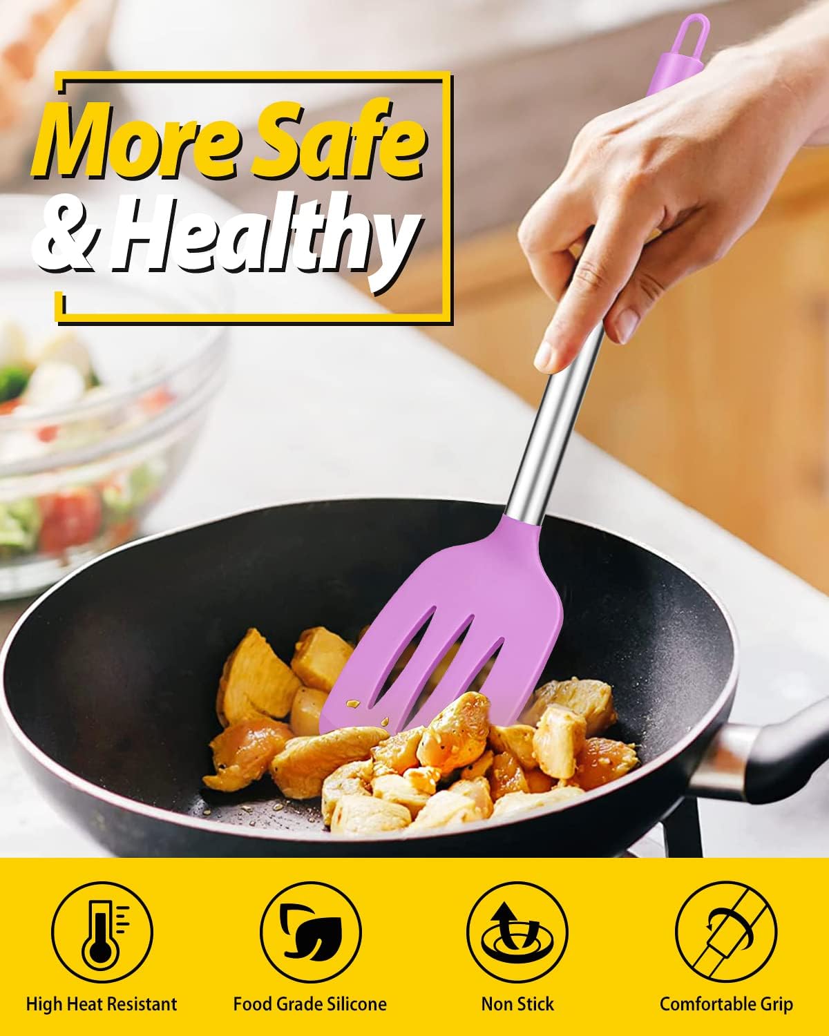 Pack of 2 Silicone Solid Turner,Non Stick Slotted Kitchen Spatulas,High Heat Resistant BPA Free Cooking Utensils,Ideal Cookware for Fish,Eggs,Pancakes (Black)