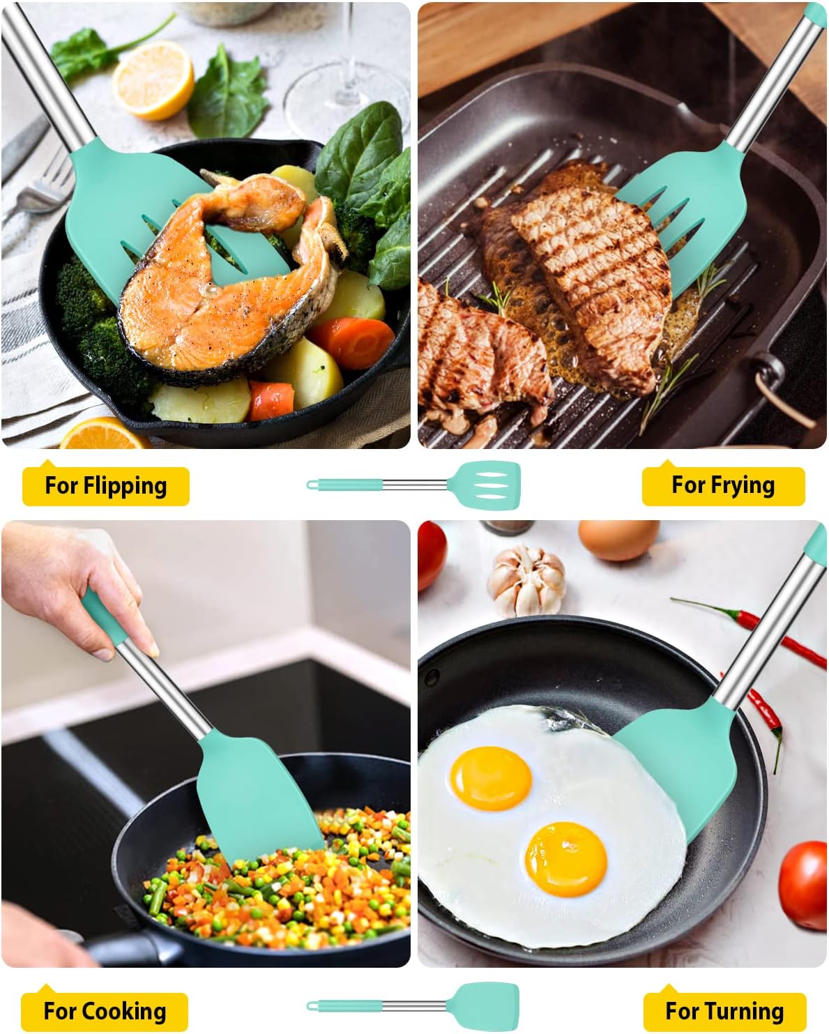 Pack of 2 Silicone Solid Turner,Non Stick Slotted Kitchen Spatulas,High Heat Resistant BPA Free Cooking Utensils,Ideal Cookware for Fish,Eggs,Pancakes (Black)