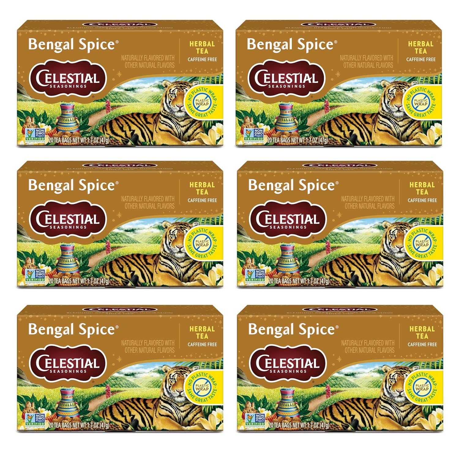 Celestial Seasonings Bengal Spice Herbal Tea, Caffeine Free, 20 Tea Bags Box, (Pack of 6)