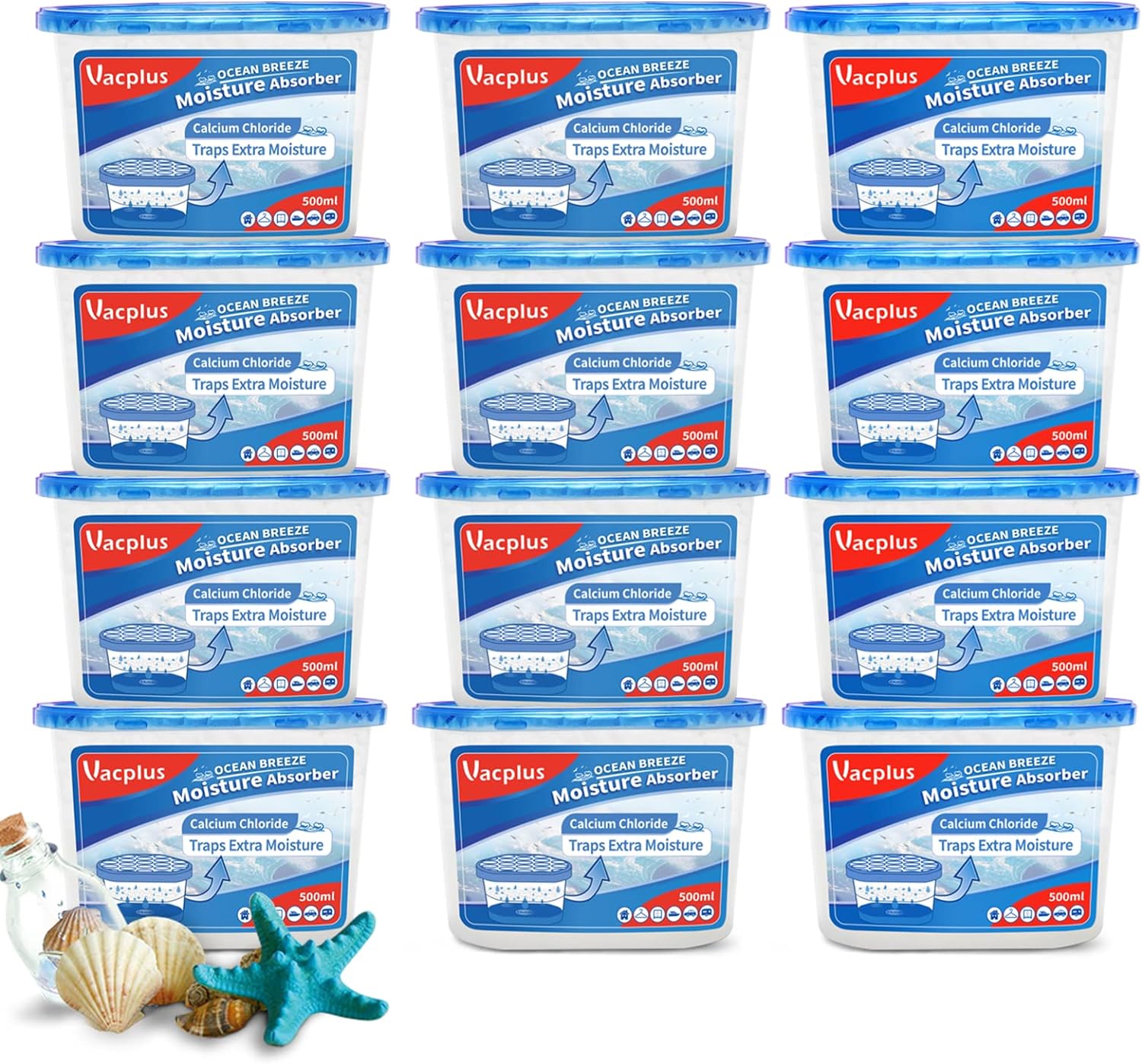 Vacplus Moisture Absorbers 12 Pack, 10.5 Oz, Humidity Absorber Boxes Attracts Extra Moisture from Your Bathroom, Closet, Kitchen, Dehumidifier, Odor Eliminator for Closet (Fragrance Free), Blue