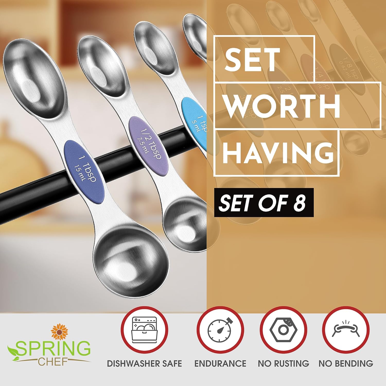 Spring Chef Magnetic Measuring Spoons Set with Strong N45 Magnets, Heavy Duty Stainless Steel Metal, Fits in Most Kitchen Spice Jars for Baking & Cooking, BPA Free, Black, Set of 8 with Leveler