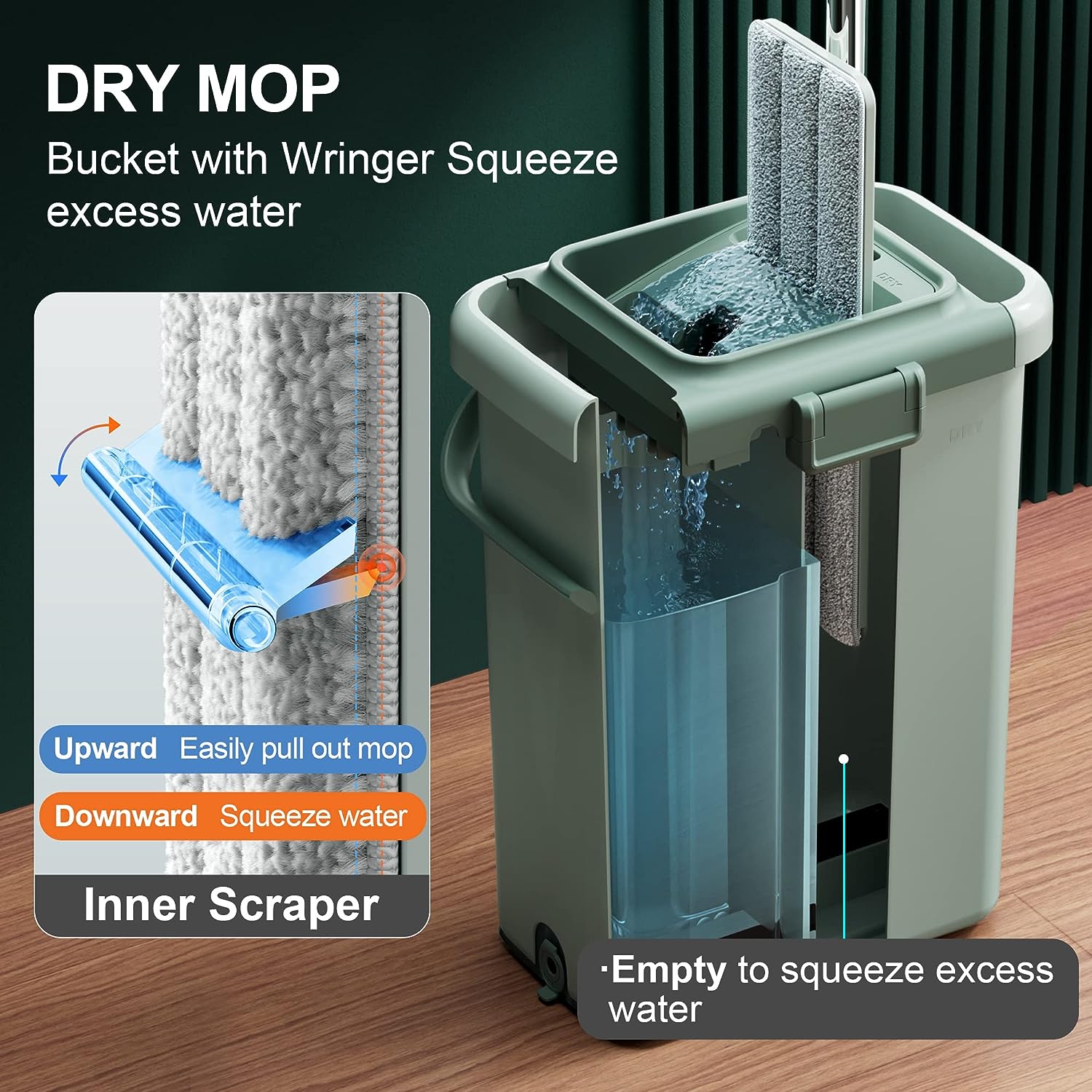 JOYMOOP mop and bucket with Wringer Set, Flat ,for floor cleaning with 3 Microfiber Pads, Wet and Dry Use, Household cleaning Tools, for Hardwood, Laminate, Tile