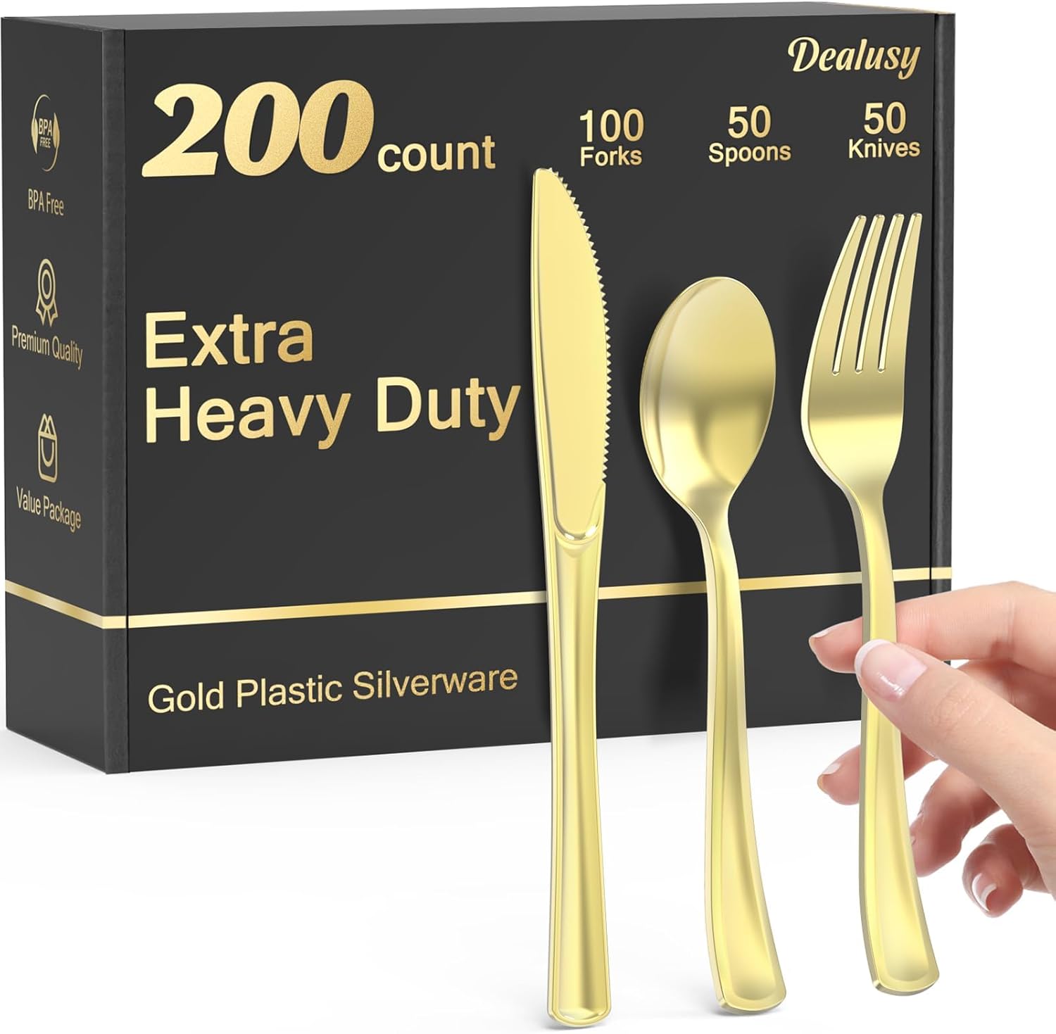 200 Count Heavy Duty Gold Plastic Silverware, 100 Forks, 50 Spoons, 50 Knives, BPA-Free, Heat Resistant, Disposable Gold Plastic Utensils Set, Gold Plastic Cutlery Set, Plasticware Bulk