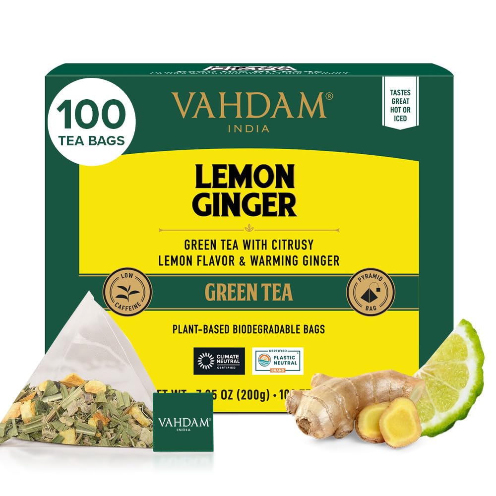 VAHDAM, Organic Turmeric Ginger Herbal Tea Bags (100 Pyramid Tea Bags) Caffeine Free, Non GMO, Gluten Free | 100% Pure Herbal Blend - Savory & Spicy | Plant-Based Tea Bags | Resealable Ziplock Pouch