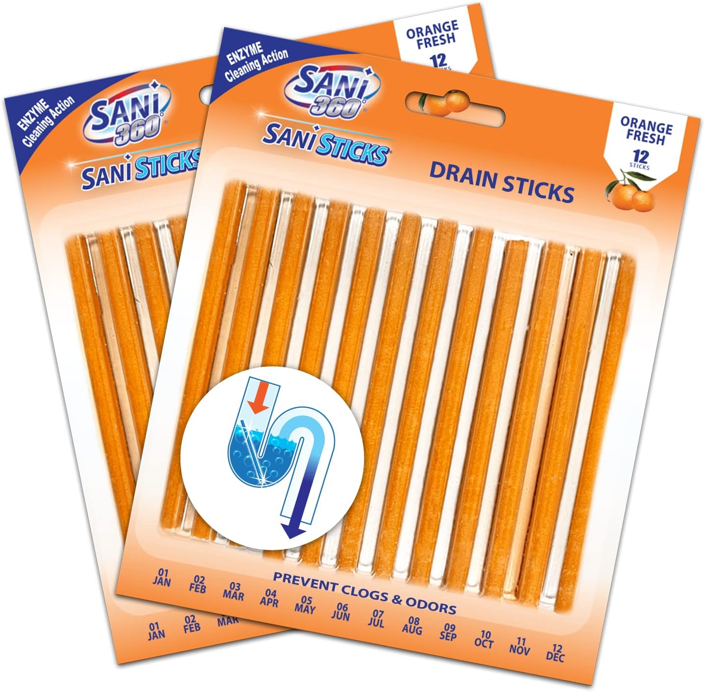 SANI 360° Sani Sticks Drain Cleaner and Deodorizer, Enzyme Pipe Cleaners, Eliminate Odors, Prevent Clogged Drains, Safe for Sinks, Bathtub Drains, Septic Tanks, 24 Count, Lemon Scent