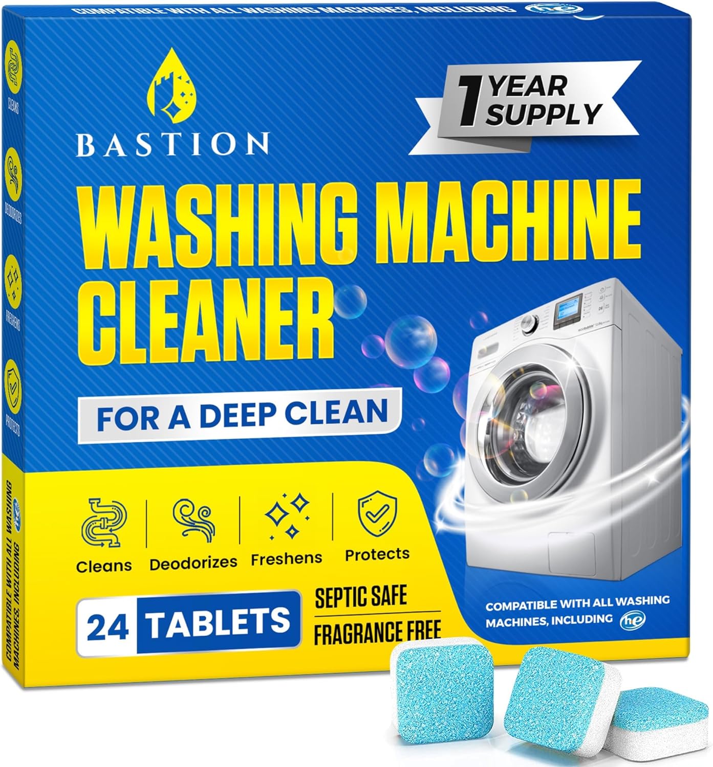 Washing Machine Cleaner Tablets 24 pack Powerful Descaler -Deep Cleaning for HE Front Loader & Top Load Washer Septic Safe Eco-Friendly Deodorizer Clean Drum & Laundry Tub Seal- Year's Supply