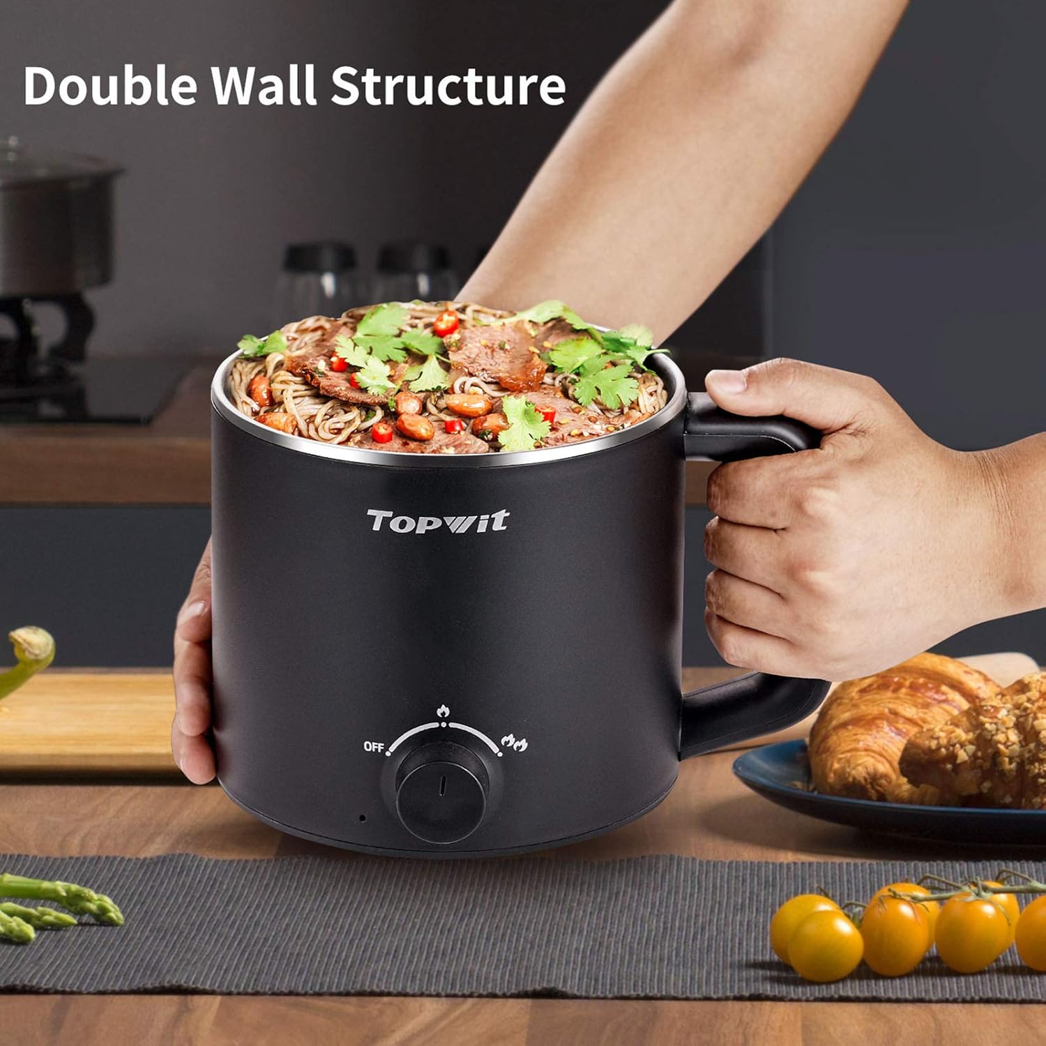 Topwit Hot Pot Electric, Electric Pot, 1.6L Ramen Cooker, Multifunctional Electric Cooker for Pasta, Shabu-Shabu, Oatmeal, Soup and Egg with Over-Heating Protection, Boil Dry Protection, Blue