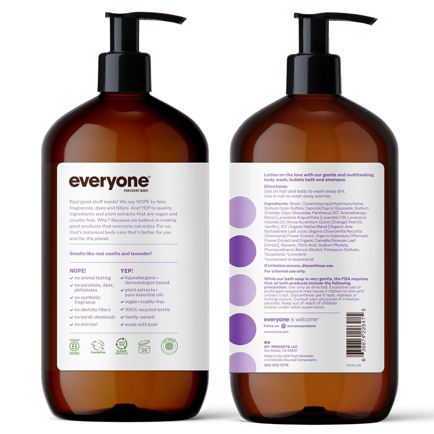 Everyone 3-in-1 Soap, Body Wash, Bubble Bath, Shampoo, 32 Ounce (Pack of 2), Lavender and Aloe, Coconut Cleanser with Organic Plant Extracts and Pure Essential Oils (Packaging May Vary)