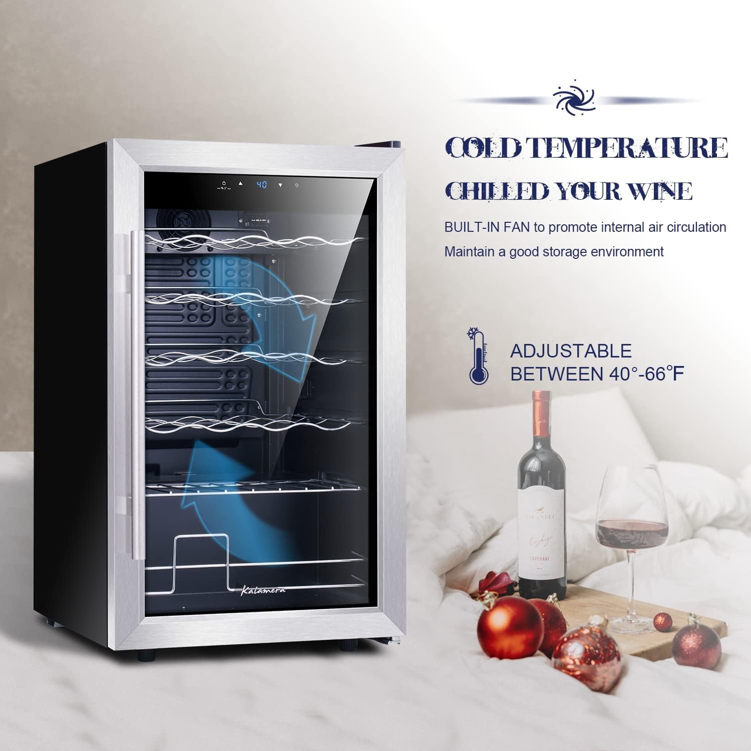Kalamera 24 inch Wine Cooler, 46 Bottle - Dual Zone Built-in or Freestanding Fridge with Stainless Steel Reversible Glass Door, for Home, Kitchen, or Office.