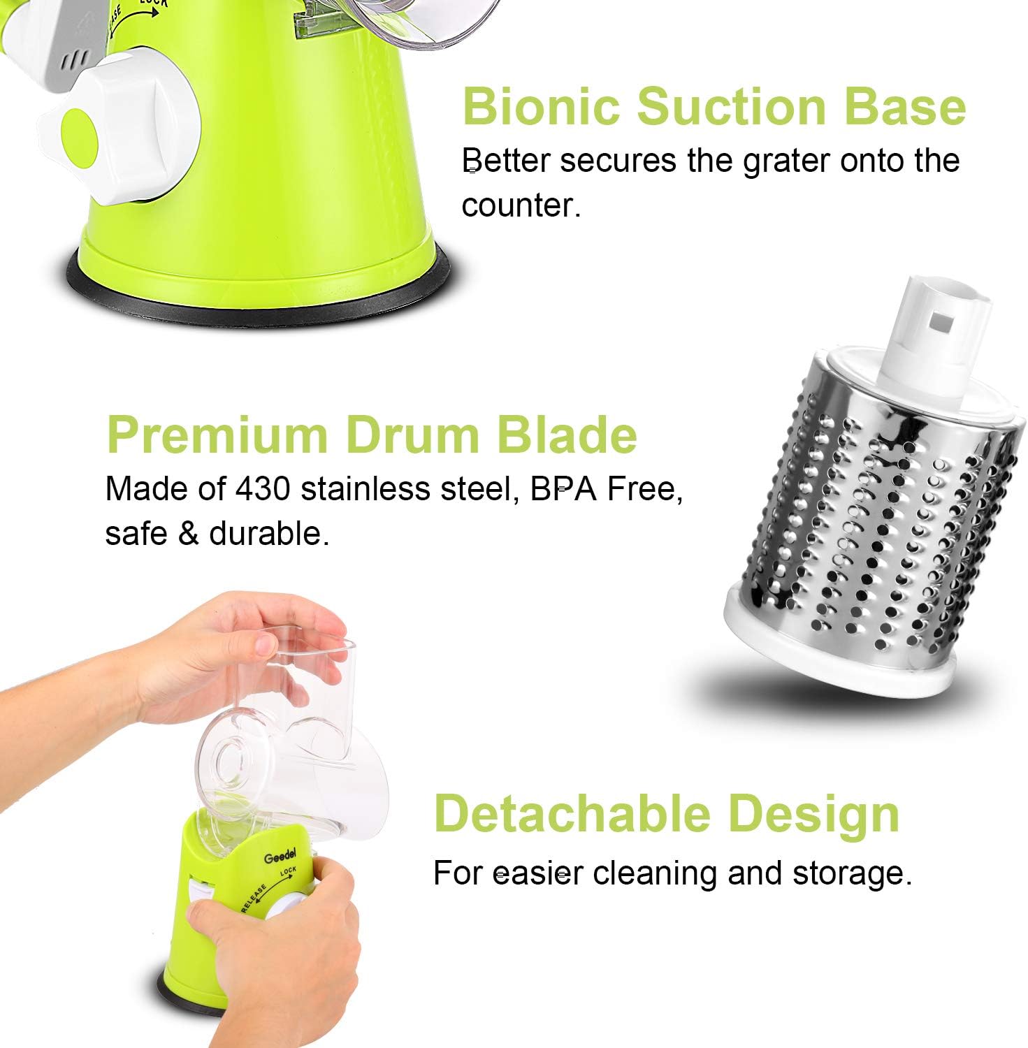Geedel Rotary Cheese Grater, Kitchen Mandoline Vegetable Slicer with 3 Interchangeable Blades, Easy to Clean Grater for Fruit, Vegetables, Nuts