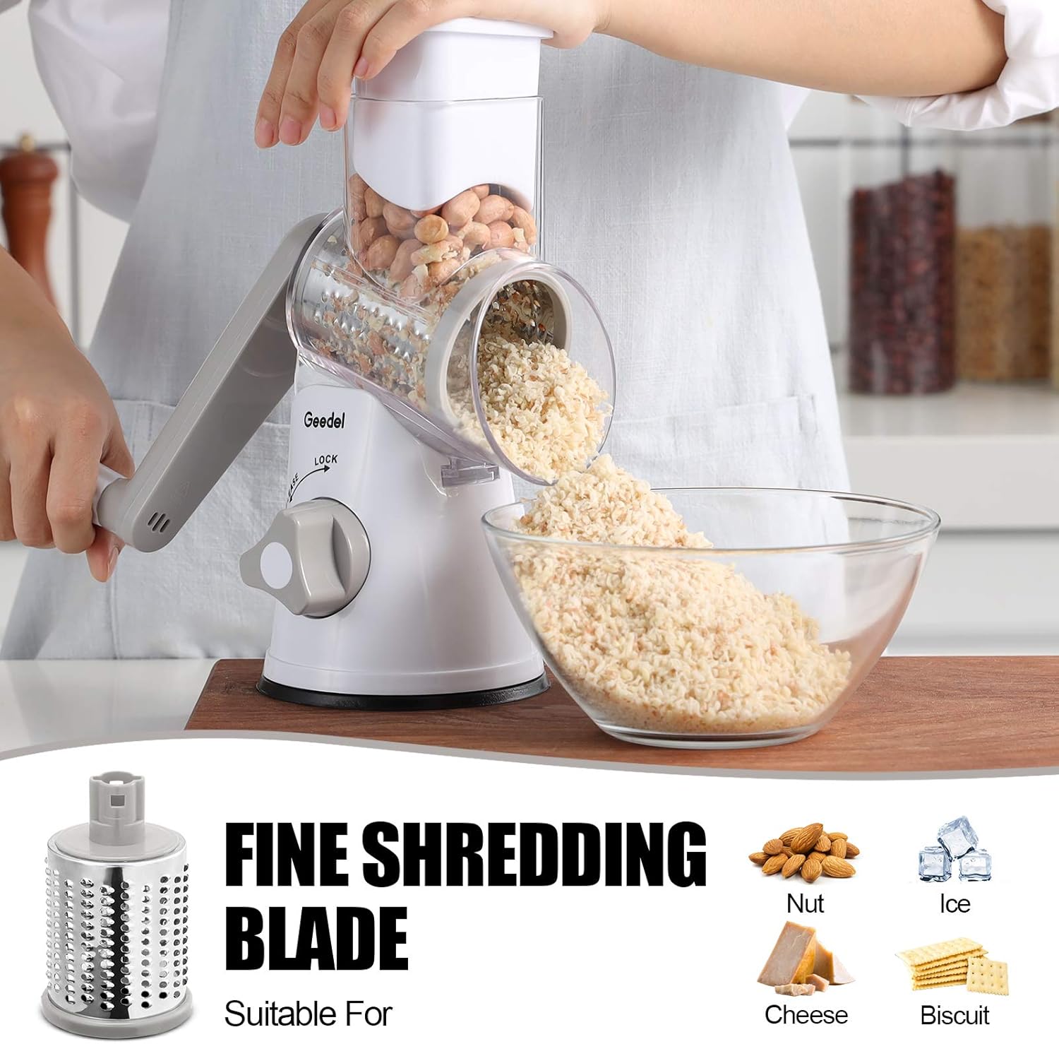 Geedel Rotary Cheese Grater, Kitchen Mandoline Vegetable Slicer with 3 Interchangeable Blades, Easy to Clean Grater for Fruit, Vegetables, Nuts