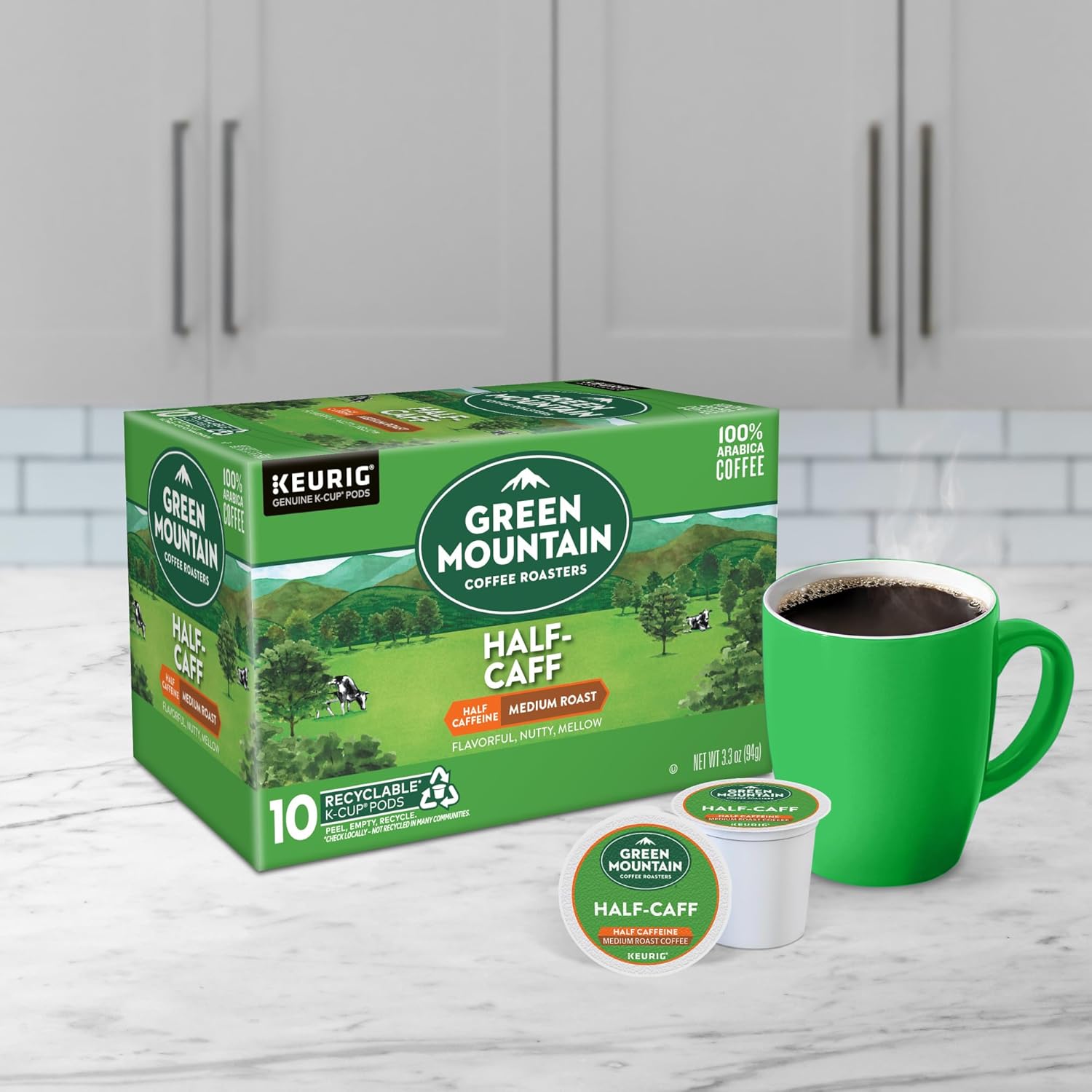 Green Mountain Coffee Roasters Half Caff Keurig Single-Serve K-Cup pods, Medium Roast Coffee, 72 Count (6 Packs of 12)