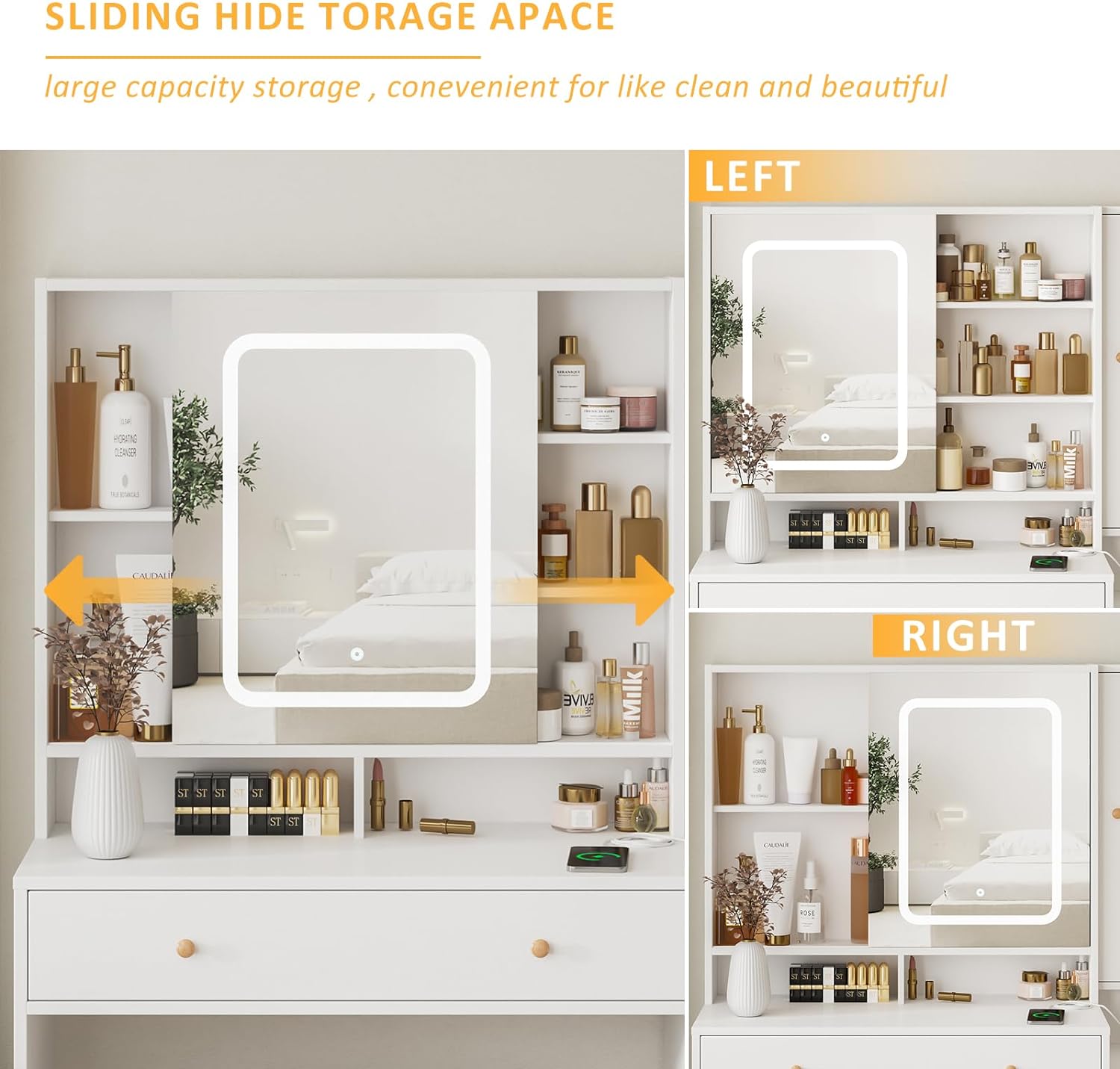 Vanity Desk with Mirror and Lights, Glass Top Vanity Table Makeup Vanity with Lights and Charging Station & Sliding Door, Glass Top Vanity with 3 Drawers and Jewelry Cabinet, 42.8inch