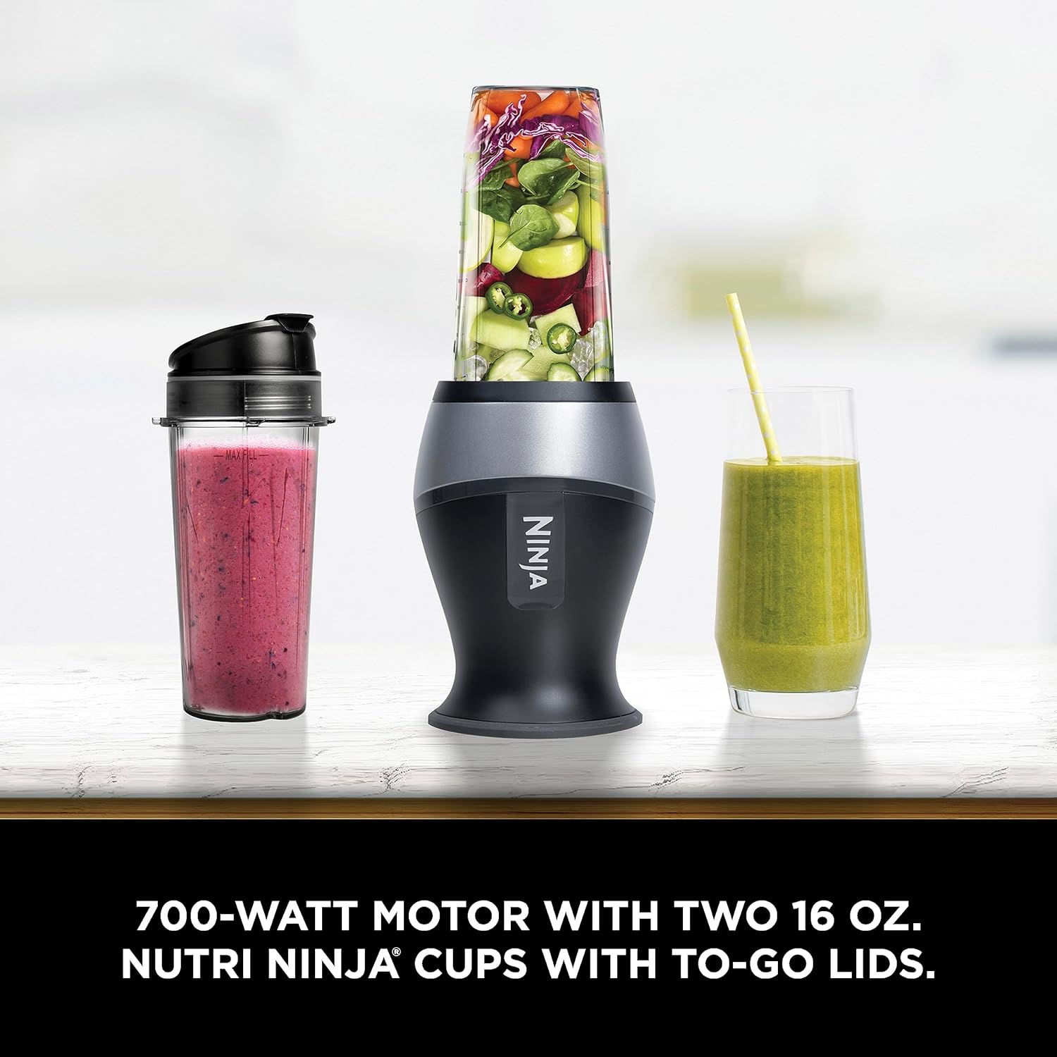 Ninja BN301 Nutri-Blender Plus Compact Personal Blender, 900-Peak-Watt Motor, Frozen Drinks, Smoothies, Sauces & More, (3) 20 oz. To-Go Cups, (2) Spout-Lids (1) Storage-Lid, Dishwasher Safe, Silver