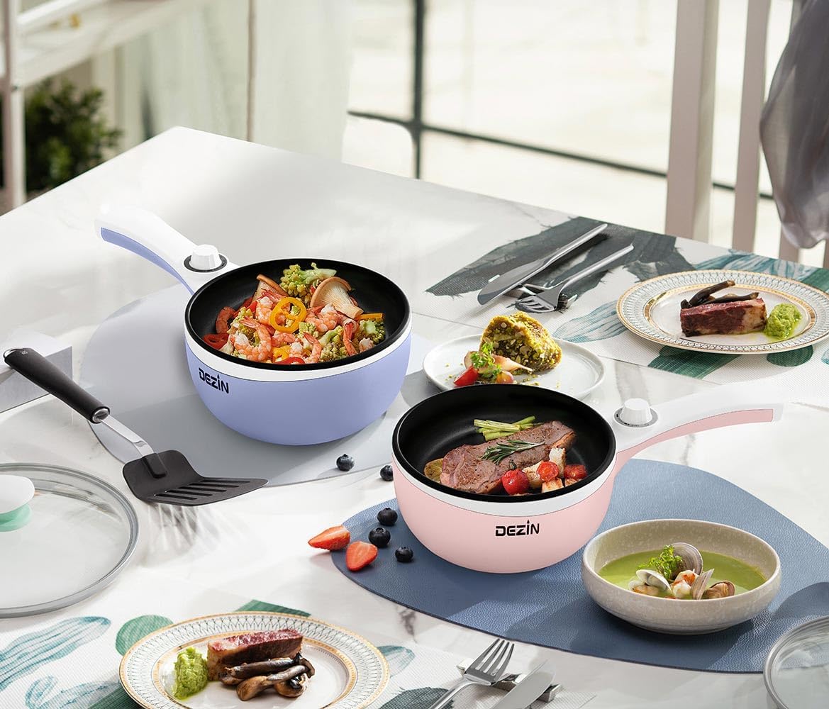 Dezin Hot Pot Electric Upgraded, Non-Stick Sauté Pan, Rapid Noodles Electric Pot, 1.5L Mini Portable Hot Pot for Steak, Egg, Fried Rice, Ramen, Oatmeal, Soup with Power Adjustment(Egg Rack Included)