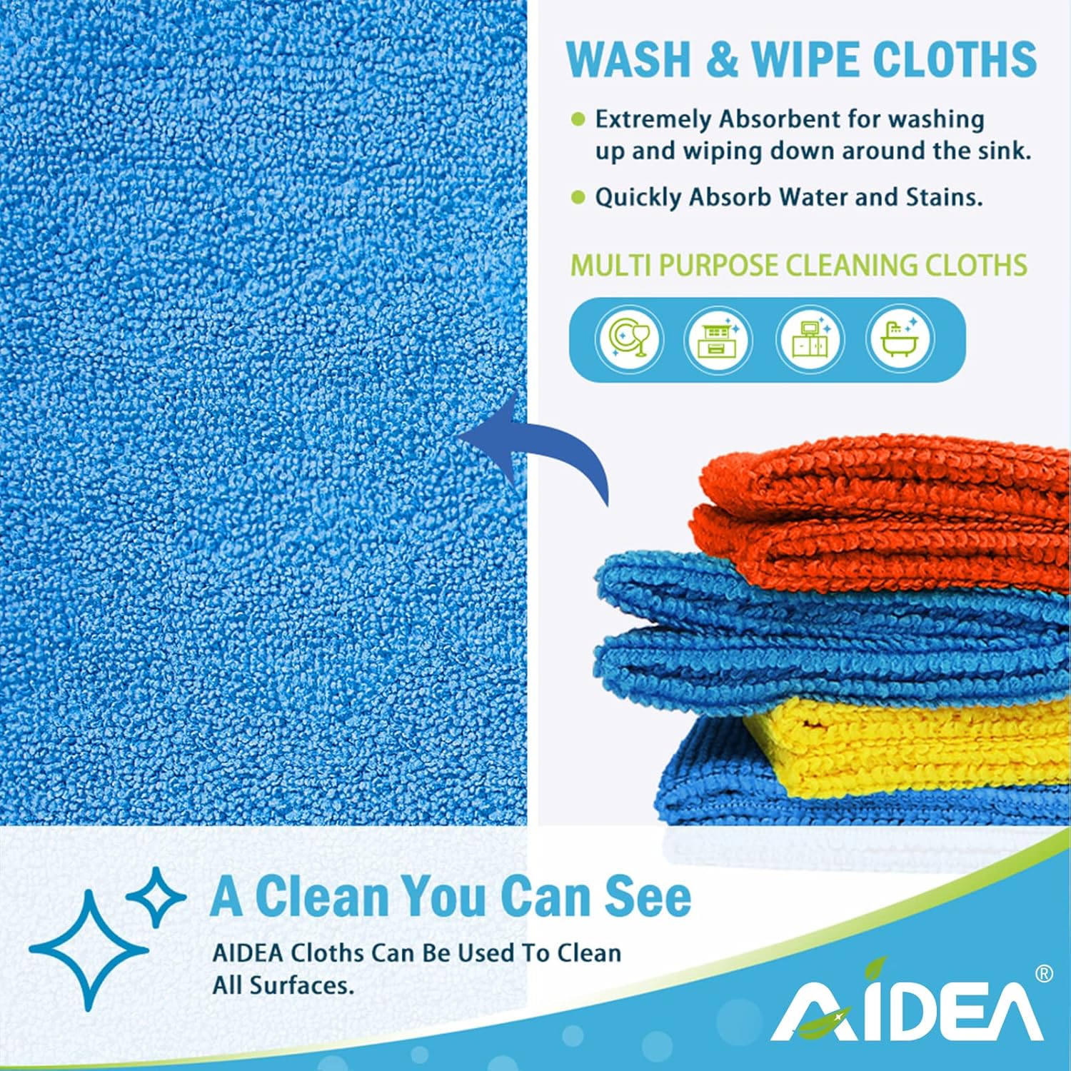 AIDEA Microfiber Cleaning Cloths-8PK, All-Purpose Cleaning Towels, Soft Absorbent Cleaning Rags Kitchen Towels, Lint-Free Dusting Cloth for House, Kitchen, Car, Window-(12in.x 12in.)