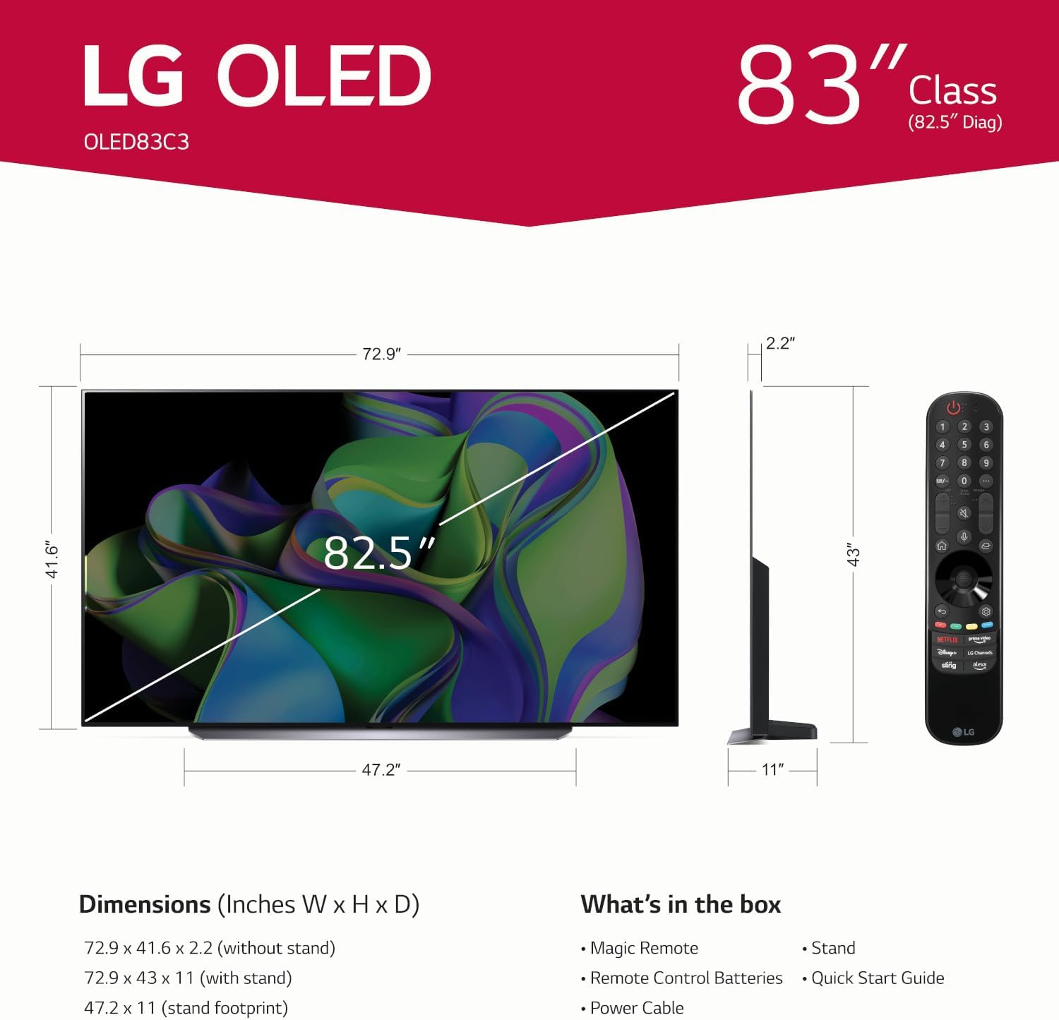 LG C3 Series 83-Inch Class OLED evo 4K Processor Smart Flat Screen Wall Mount TV with Magic Remote AI-Powered OLED83C3PUA, 2023 with Alexa Built-in