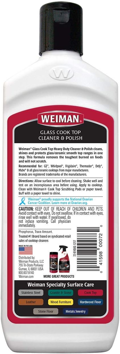 Weiman Non-Abrasive, No Scratch Induction Glass Ceramic Stove Cooktop Heavy Duty Cleaner and Polish, 20 Ounce