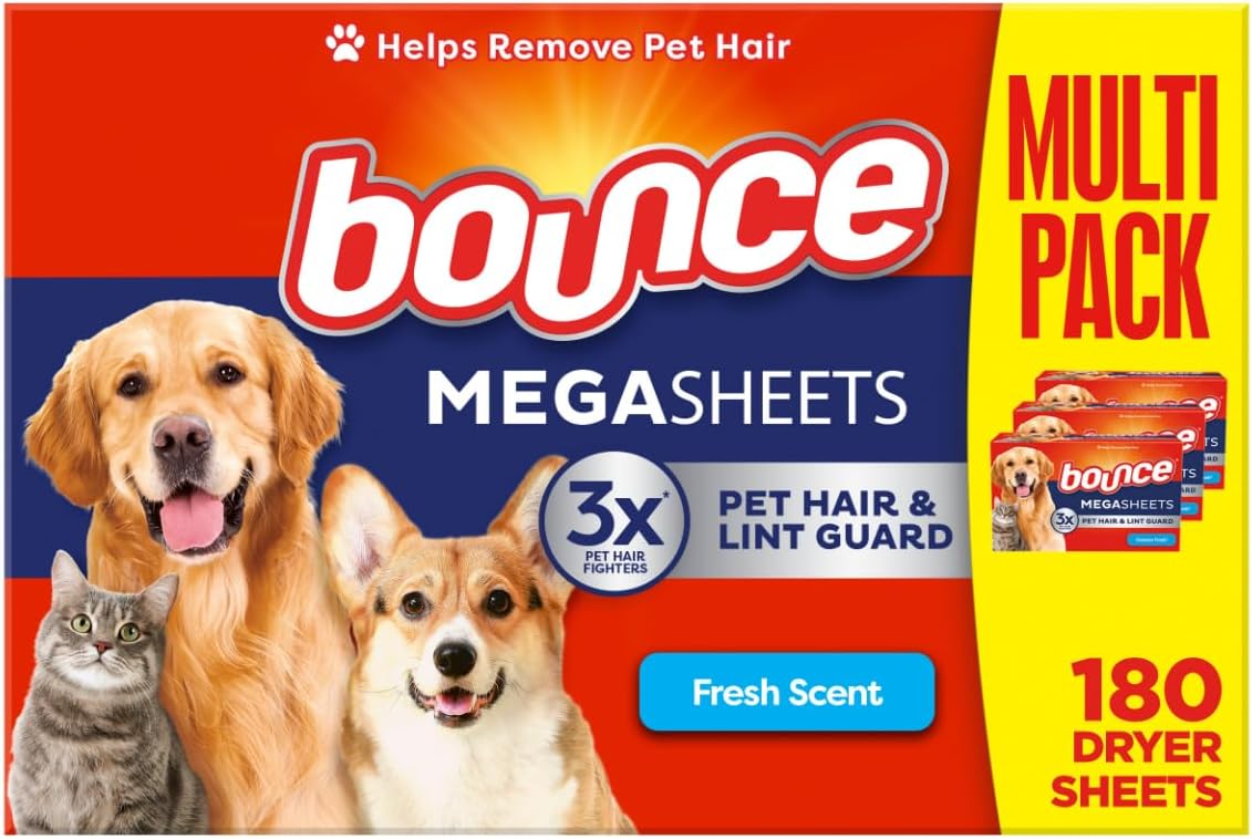Bounce Pet Hair and Lint Guard Mega Fabric Softener Dryer Sheets with 3X Pet Hair Fighters, Fresh Scent, 180 Count, Bounce Dryer Sheets, Pet Hair Remover for Laundry