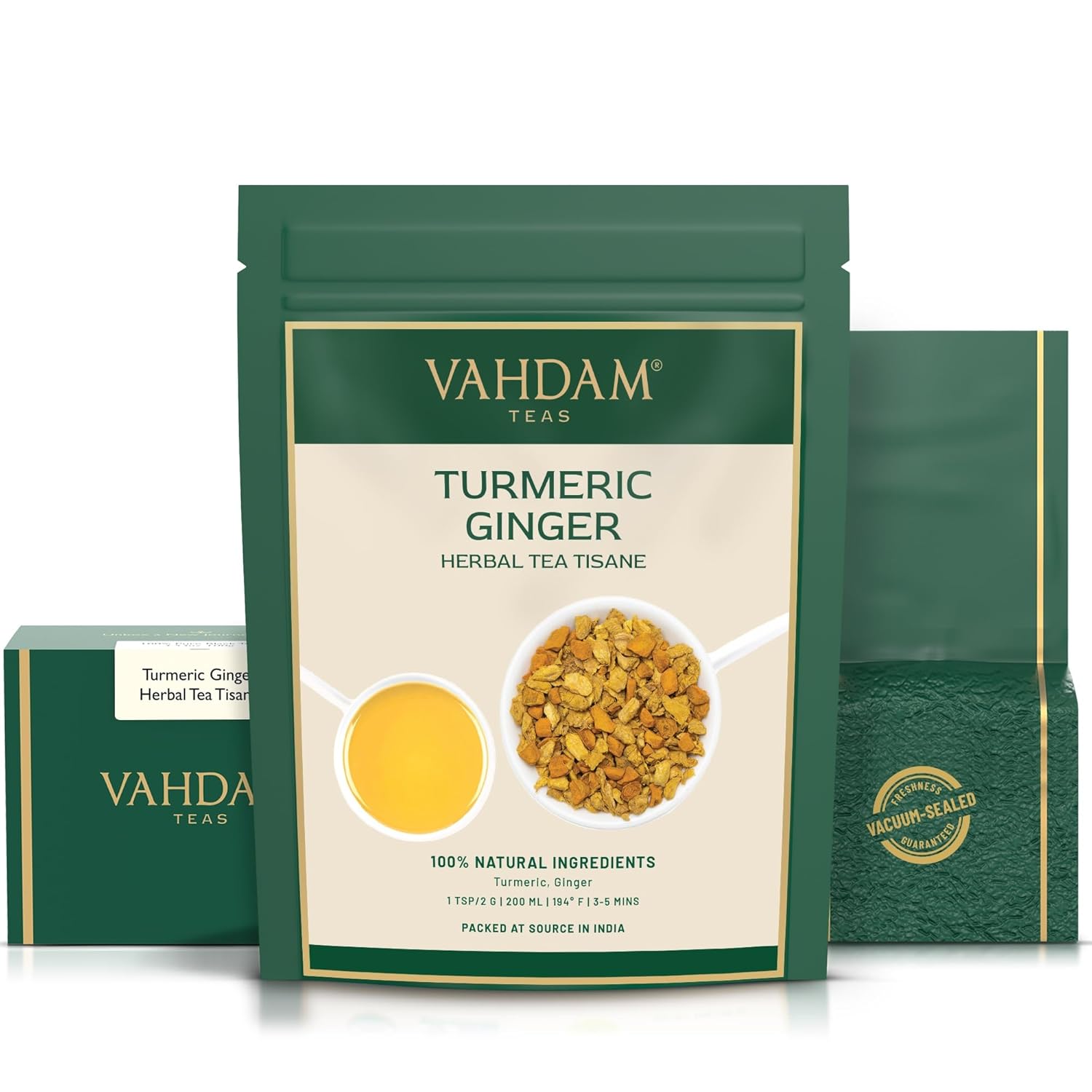 VAHDAM, Organic Turmeric Ginger Herbal Tea Bags (100 Pyramid Tea Bags) Caffeine Free, Non GMO, Gluten Free | 100% Pure Herbal Blend - Savory & Spicy | Plant-Based Tea Bags | Resealable Ziplock Pouch