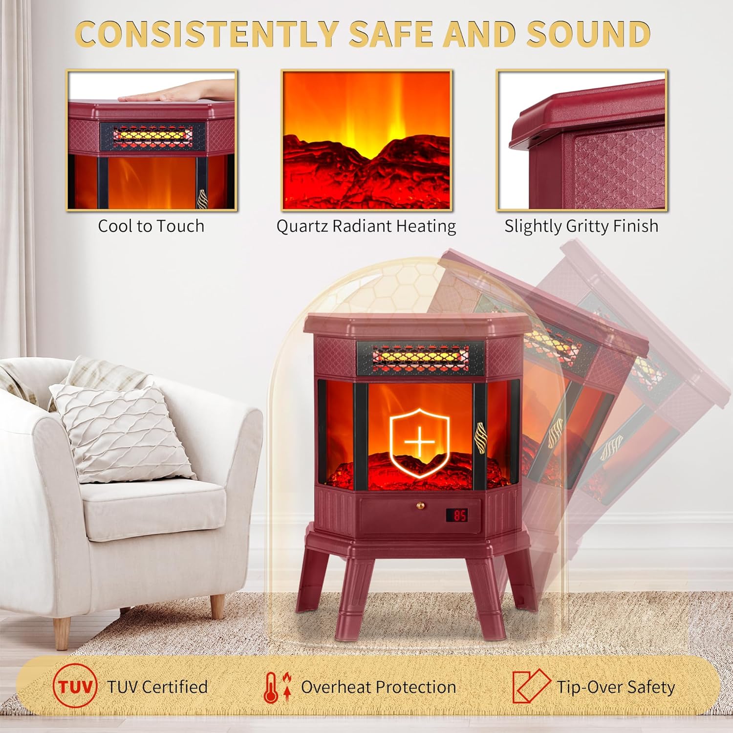 RealSmart Electric Fireplace Heater 22 in Freestanding Fireplace Stove Infrared Fireplace with 3D Flame Effect Remoted Control, Timer, Overheating Protection (Gray)